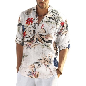 COOFANDY Men’s Cotton Linen Henley T-Shirts Long Sleeve Casual Beach Shirts | Mens Linen Shirt,Regular Relaxed Fit,Lightweight,Breathable,and Moisture-wicking for Beach,Vacation or Everyday Summer Wear(Khaki Floral)