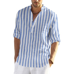 COOFANDY Men’s Cotton Linen Henley T-Shirts Long Sleeve Casual Beach Shirts | Mens Linen Shirt,Regular Relaxed Fit,Lightweight,Breathable,and Moisture-wicking for Beach,Vacation or Everyday Summer Wear(Blue White Striped)