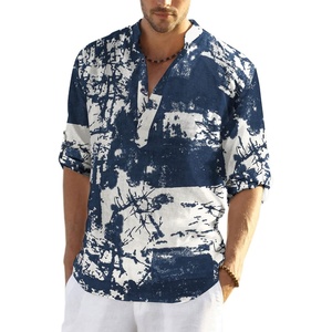 COOFANDY Men’s Cotton Linen Henley T-Shirts Long Sleeve Casual Beach Shirts | Mens Linen Shirt,Regular Relaxed Fit,Lightweight,Breathable,and Moisture-wicking for Beach,Vacation or Everyday Summer Wear(Navy Tie-dye)