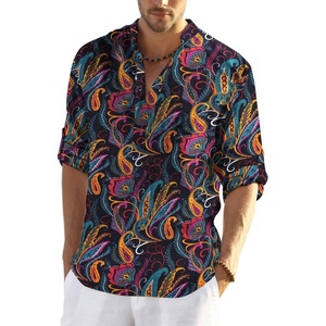 COOFANDY Men’s Cotton Linen Henley T-Shirts Long Sleeve Casual Beach Shirts | Mens Linen Shirt,Regular Relaxed Fit,Lightweight,Breathable,and Moisture-wicking for Beach,Vacation or Everyday Summer Wear(Black Paisley)