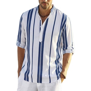 COOFANDY Men’s Cotton Linen Henley T-Shirts Long Sleeve Casual Beach Shirts | Mens Linen Shirt,Regular Relaxed Fit,Lightweight,Breathable,and Moisture-wicking for Beach,Vacation or Everyday Summer Wear(Dark Blue Stripes)