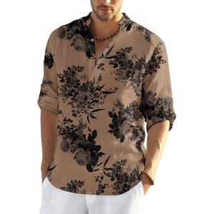 COOFANDY Men’s Cotton Linen Henley T-Shirts Long Sleeve Casual Beach Shirts | Mens Linen Shirt,Regular Relaxed Fit,Lightweight,Breathable,and Moisture-wicking for Beach,Vacation or Everyday Summer Wear(Dark Khaki Floral)