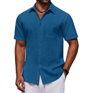COOFANDY Mens Short Sleeve Cotton Button Down Shirts Linen Beach Shirts | 100% Cotton, Summer Shirts, Casual Shirt,Button Up Shirt,Camp Shirt(Sea Blue)