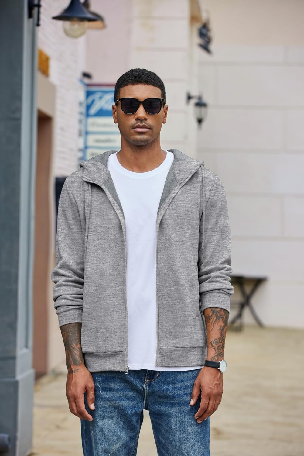 image:imageCOOFANDY Men Full Zip Hoodie Fleece Zipper Sweatshirt Casual Hooded Jacket Llightweight fleeceLined and Zipper Versatile Drawstring Hood 2026 Fall Fashion Streetwear Casual Gym Outdoor JacketLight Grey