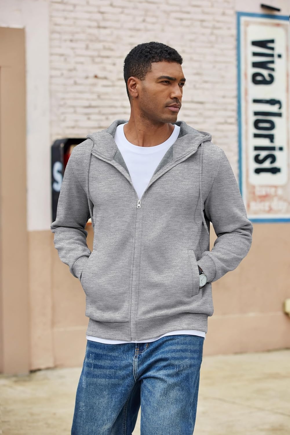image:imageCOOFANDY Men Full Zip Hoodie Fleece Zipper Sweatshirt Casual Hooded Jacket Llightweight fleeceLined and Zipper Versatile Drawstring Hood 2026 Fall Fashion Streetwear Casual Gym Outdoor JacketLight Grey