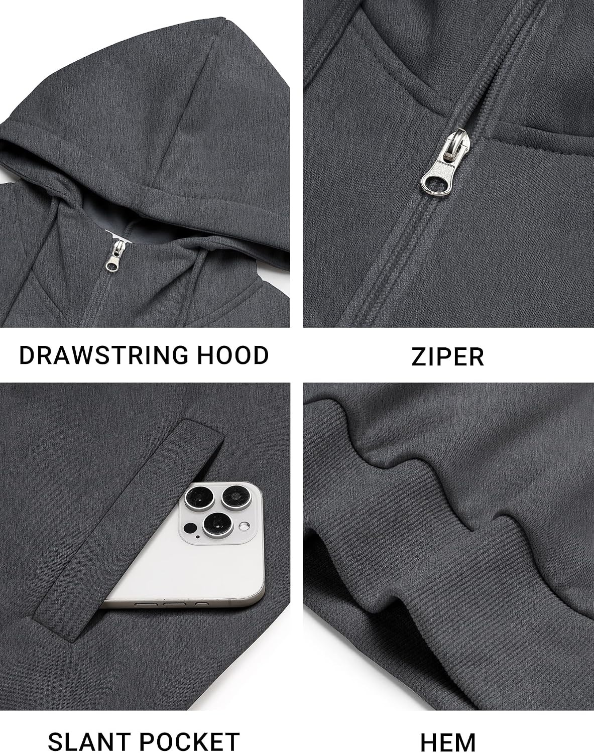 image:imageCOOFANDY Men Full Zip Hoodie Fleece Zipper Sweatshirt Casual Hooded Jacket Llightweight fleeceLined and Zipper Versatile Drawstring Hood 2026 Fall Fashion Streetwear Casual Gym Outdoor JacketDark Grey