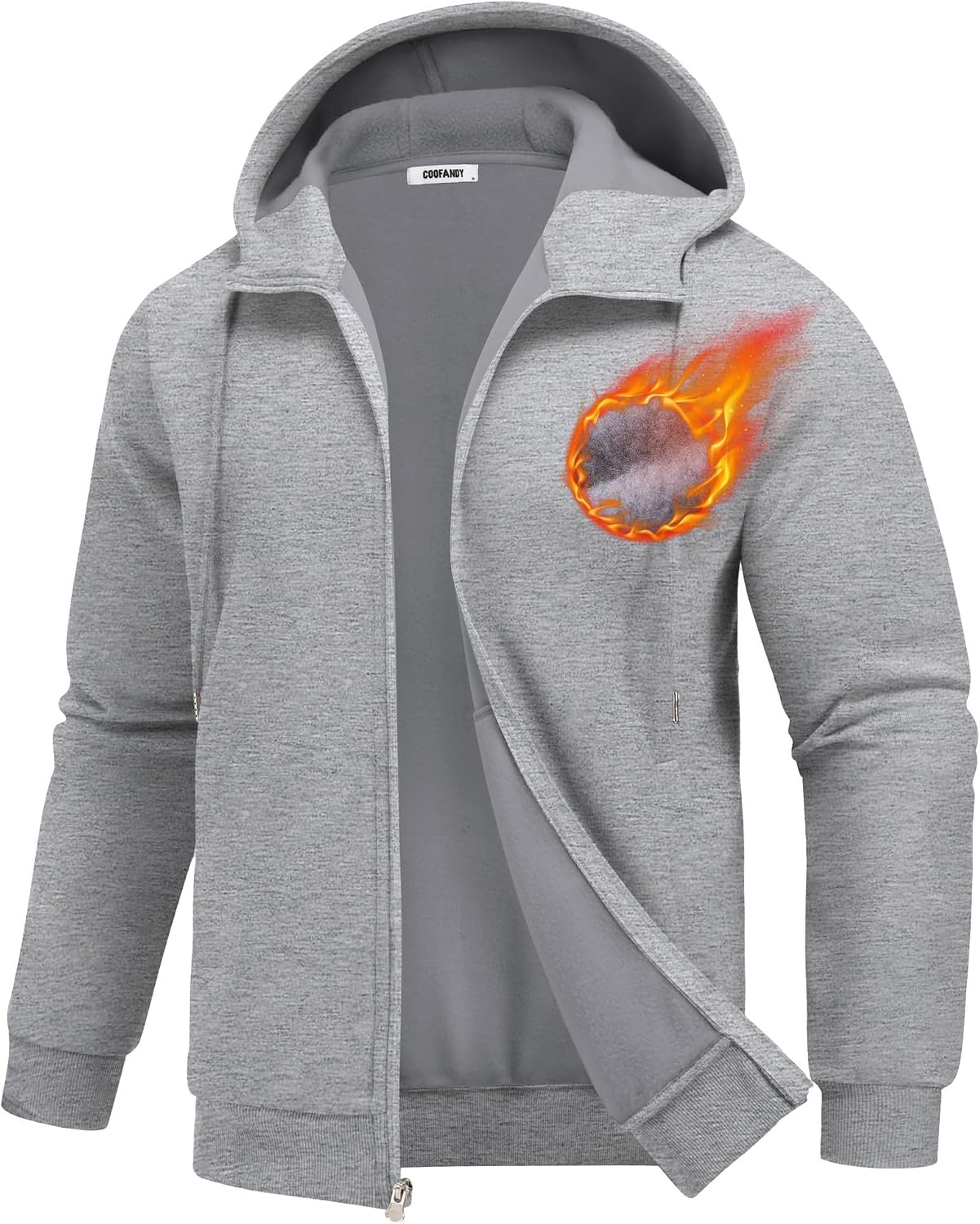 image:imageCOOFANDY Men Full Zip Hoodie Fleece Zipper Sweatshirt Casual Hooded Jacket Llightweight fleeceLined and Zipper Versatile Drawstring Hood 2026 Fall Fashion Streetwear Casual Gym Outdoor JacketLight Grey