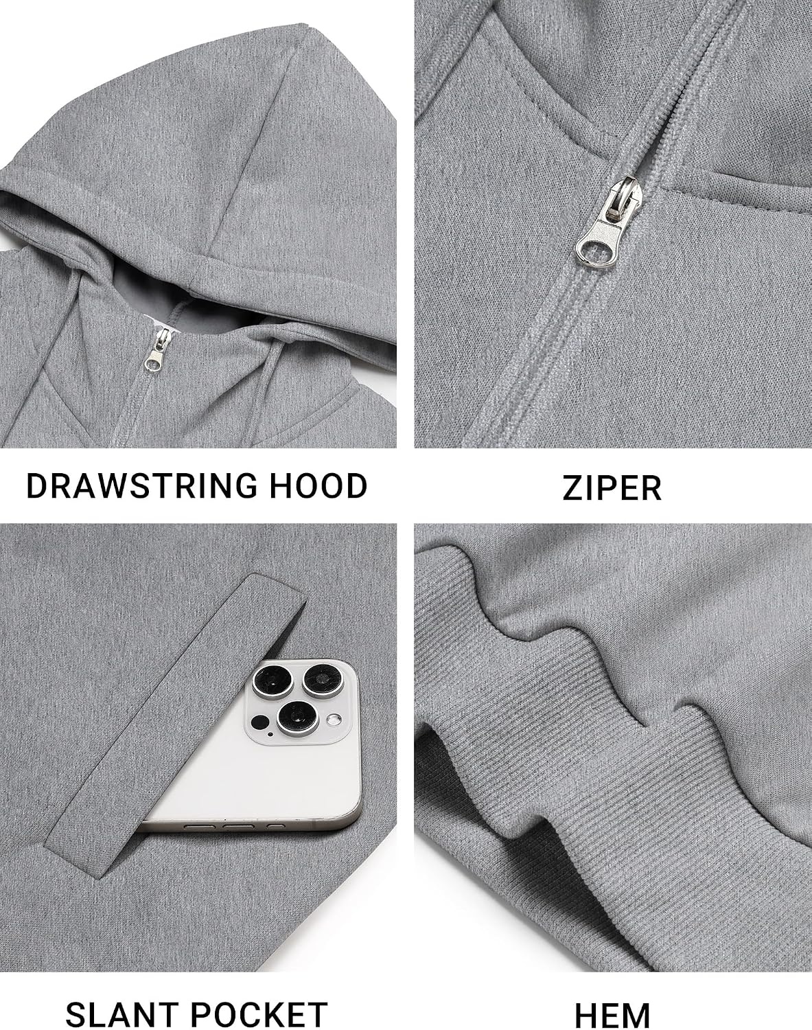 image:imageCOOFANDY Men Full Zip Hoodie Fleece Zipper Sweatshirt Casual Hooded Jacket Llightweight fleeceLined and Zipper Versatile Drawstring Hood 2026 Fall Fashion Streetwear Casual Gym Outdoor JacketLight Grey