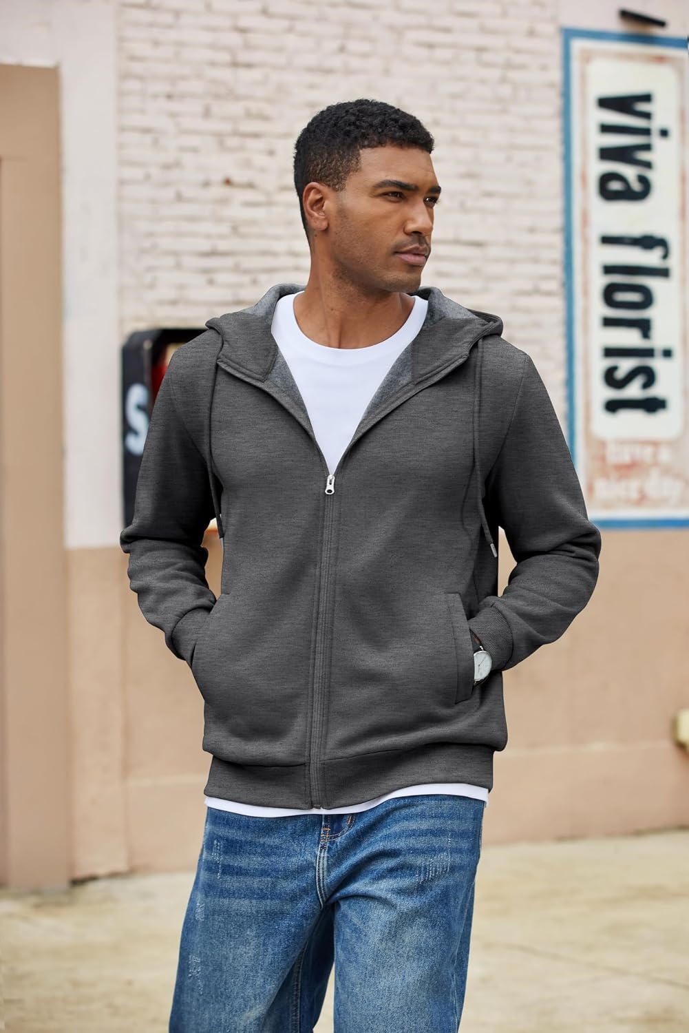 image:imageCOOFANDY Men Full Zip Hoodie Fleece Zipper Sweatshirt Casual Hooded Jacket Llightweight fleeceLined and Zipper Versatile Drawstring Hood 2026 Fall Fashion Streetwear Casual Gym Outdoor JacketDark Grey