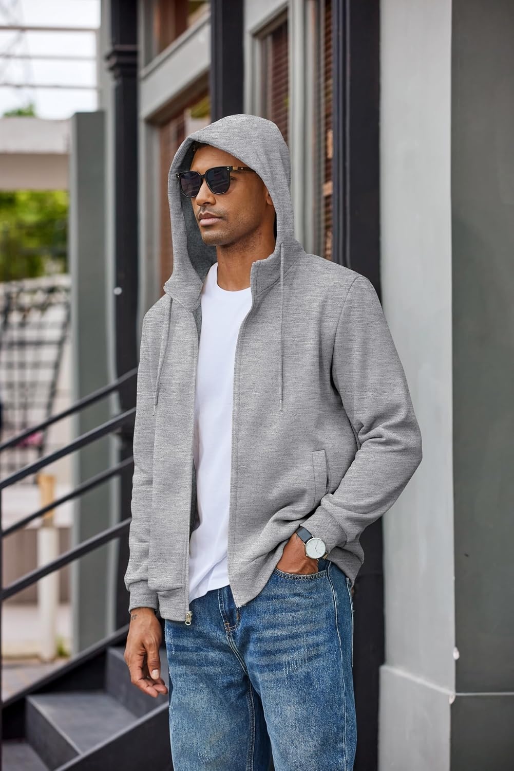 image:imageCOOFANDY Men Full Zip Hoodie Fleece Zipper Sweatshirt Casual Hooded Jacket Llightweight fleeceLined and Zipper Versatile Drawstring Hood 2026 Fall Fashion Streetwear Casual Gym Outdoor JacketLight Grey