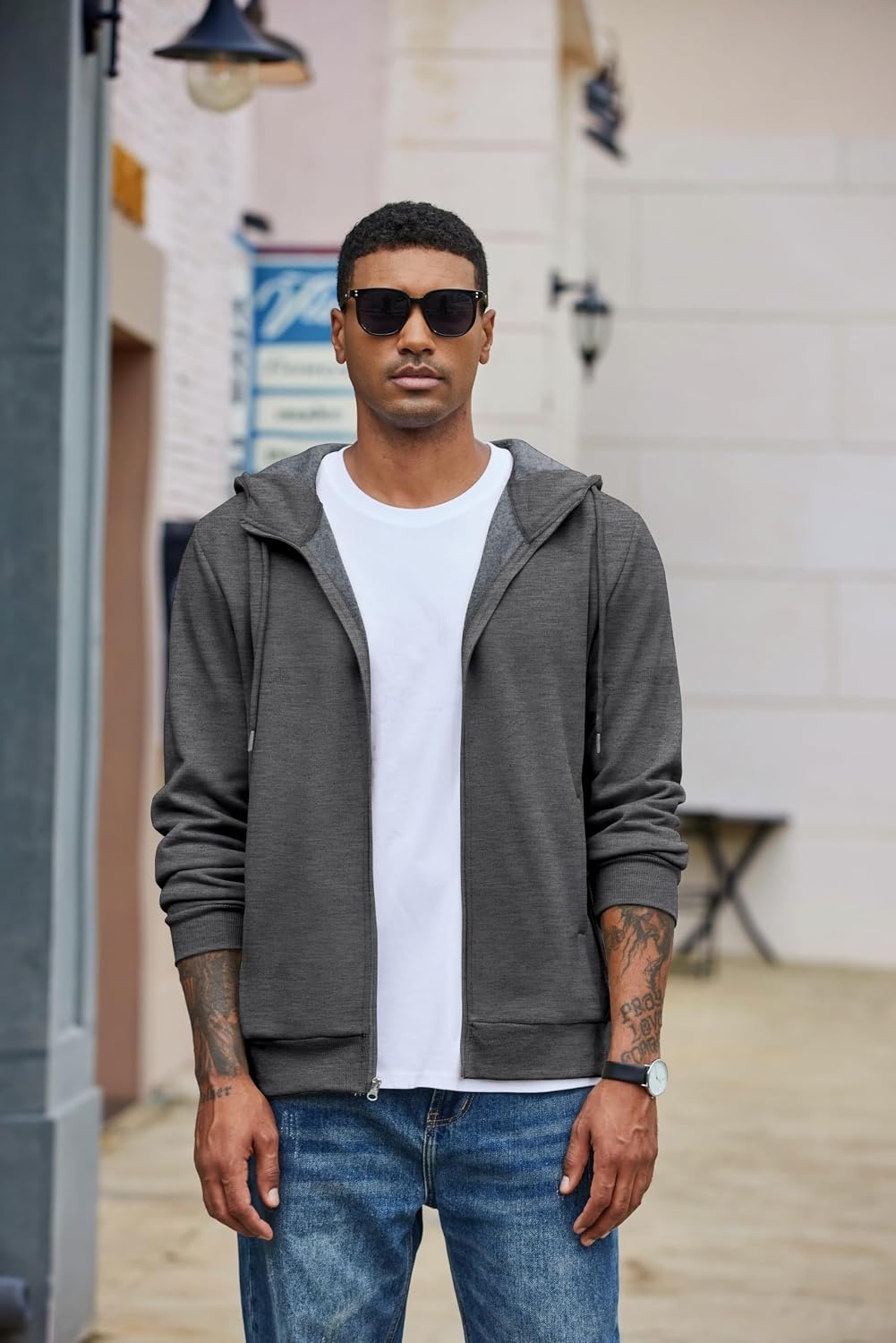 image:imageCOOFANDY Men Full Zip Hoodie Fleece Zipper Sweatshirt Casual Hooded Jacket Llightweight fleeceLined and Zipper Versatile Drawstring Hood 2026 Fall Fashion Streetwear Casual Gym Outdoor JacketDark Grey