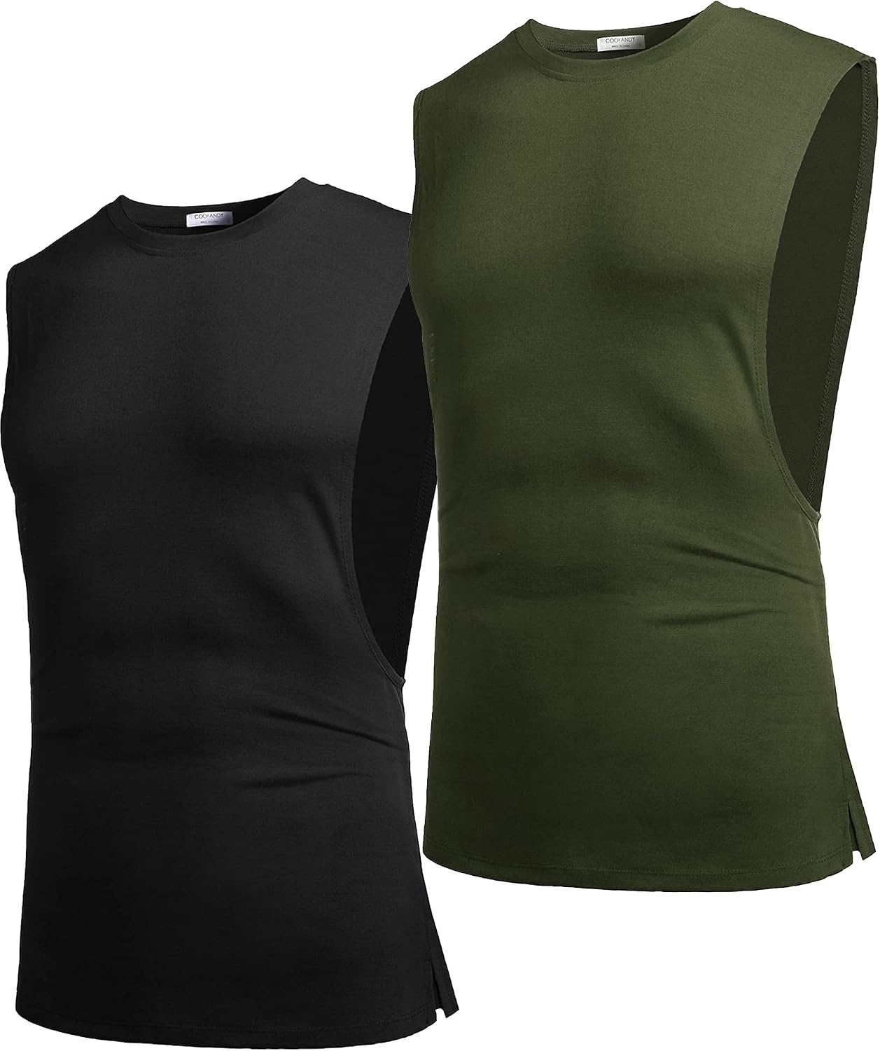 image:imageCOOFANDY Men Workout Tank Top 2 Pack Gym Bodybuilding Sleeveless T Shirts Cut Off Muscle Shirts MoistureWicking Tees Drop Arm Open Side Round Neck Design Fitness Running Jogging Tank Top ShirtsBlackArmy Green2pcs