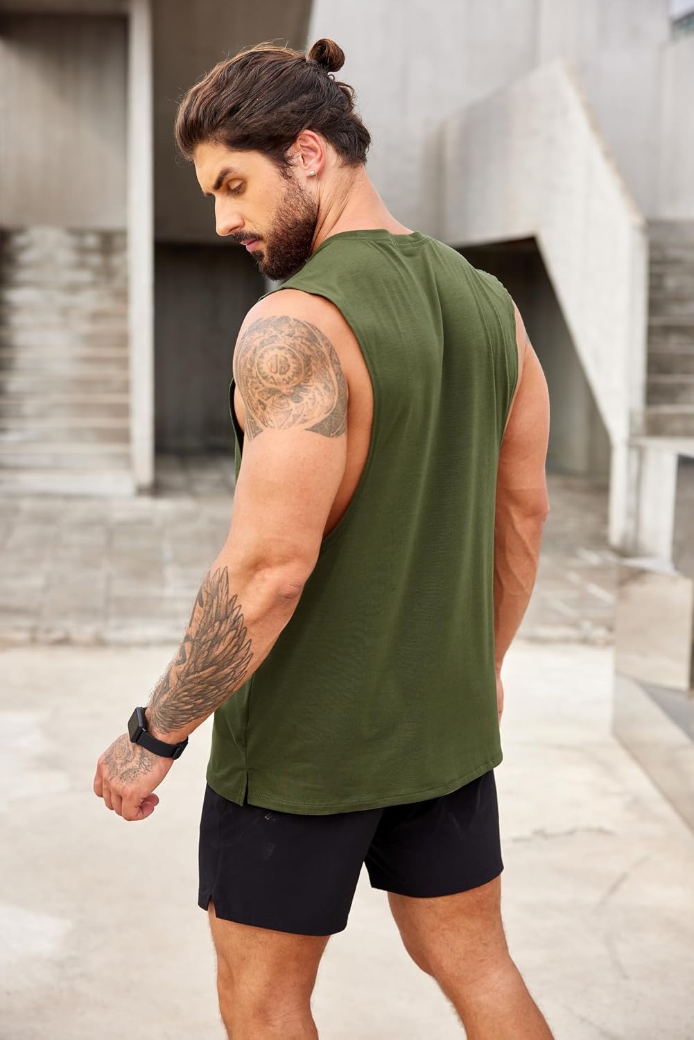 image:imageCOOFANDY Men Workout Tank Top 2 Pack Gym Bodybuilding Sleeveless T Shirts Cut Off Muscle Shirts MoistureWicking Tees Drop Arm Open Side Round Neck Design Fitness Running Jogging Tank Top ShirtsArmy Green Flag