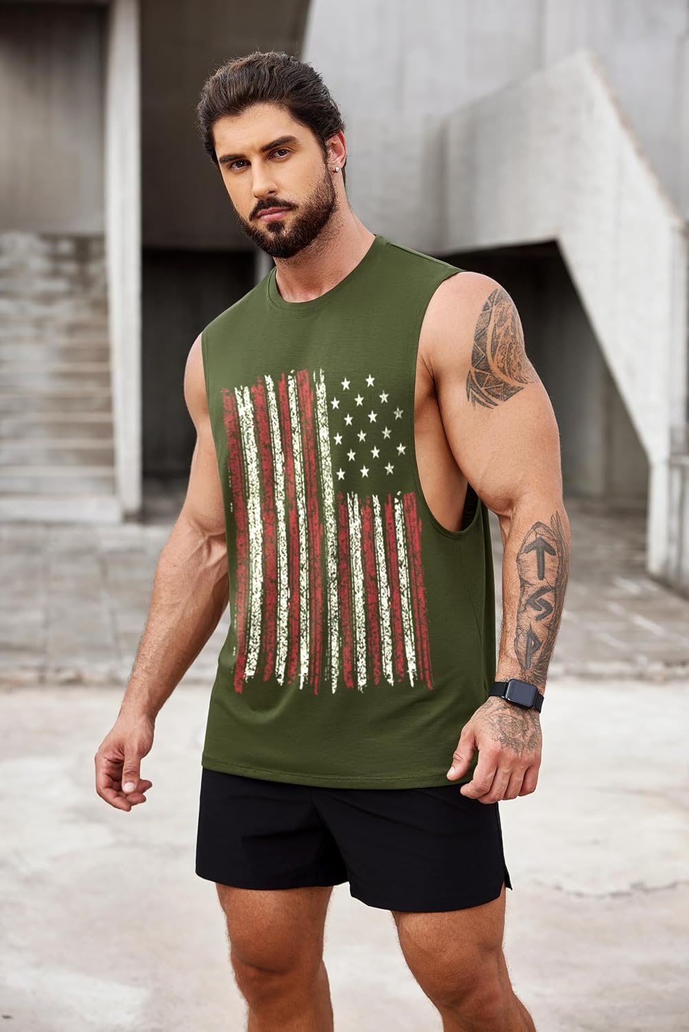 image:imageCOOFANDY Men Workout Tank Top 2 Pack Gym Bodybuilding Sleeveless T Shirts Cut Off Muscle Shirts MoistureWicking Tees Drop Arm Open Side Round Neck Design Fitness Running Jogging Tank Top ShirtsArmy Green Flag