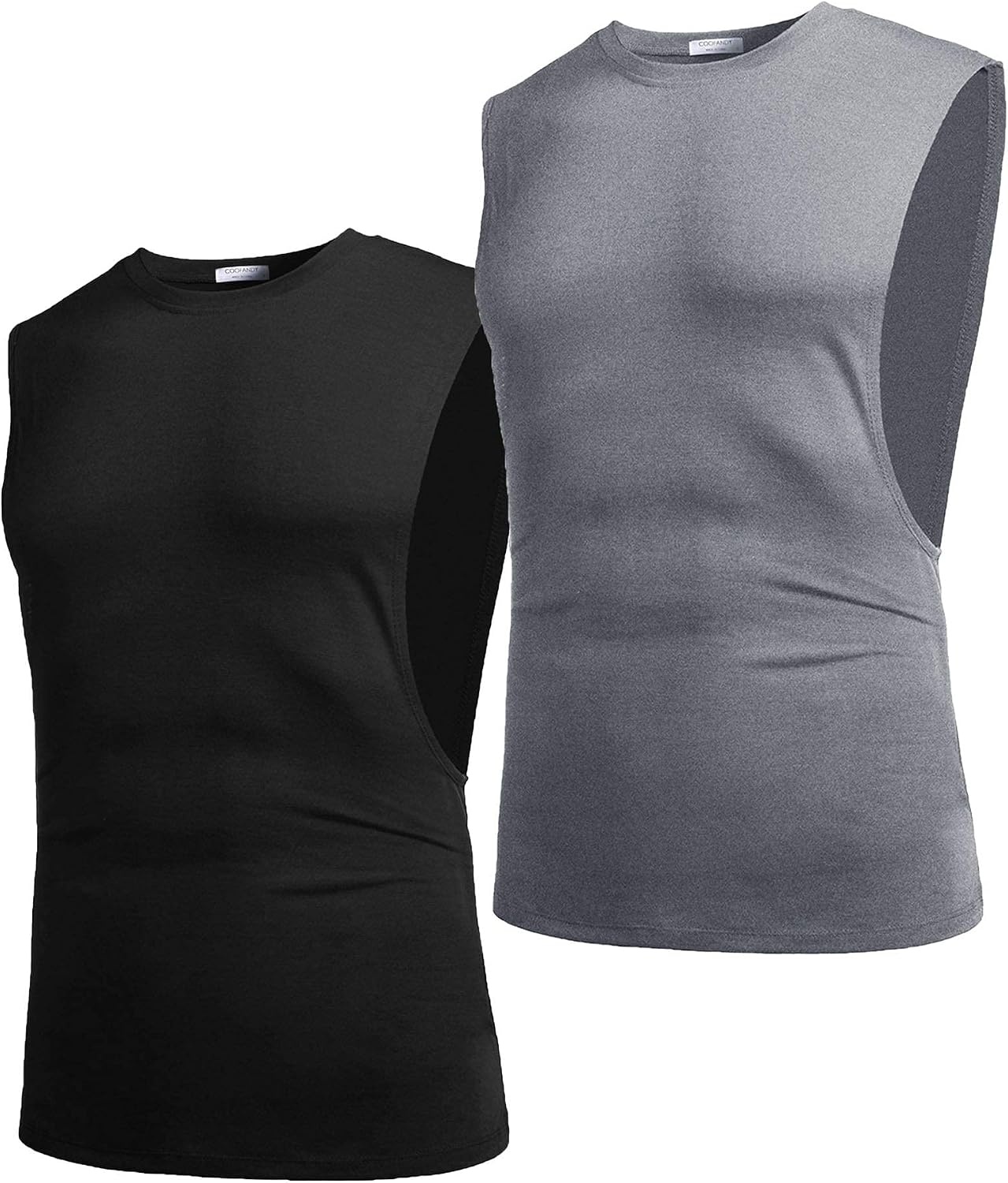 image:imageCOOFANDY Men Workout Tank Top 2 Pack Gym Bodybuilding Sleeveless T Shirts Cut Off Muscle Shirts MoistureWicking Tees Drop Arm Open Side Round Neck Design Fitness Running Jogging Tank Top ShirtsBlackGrey2pcs