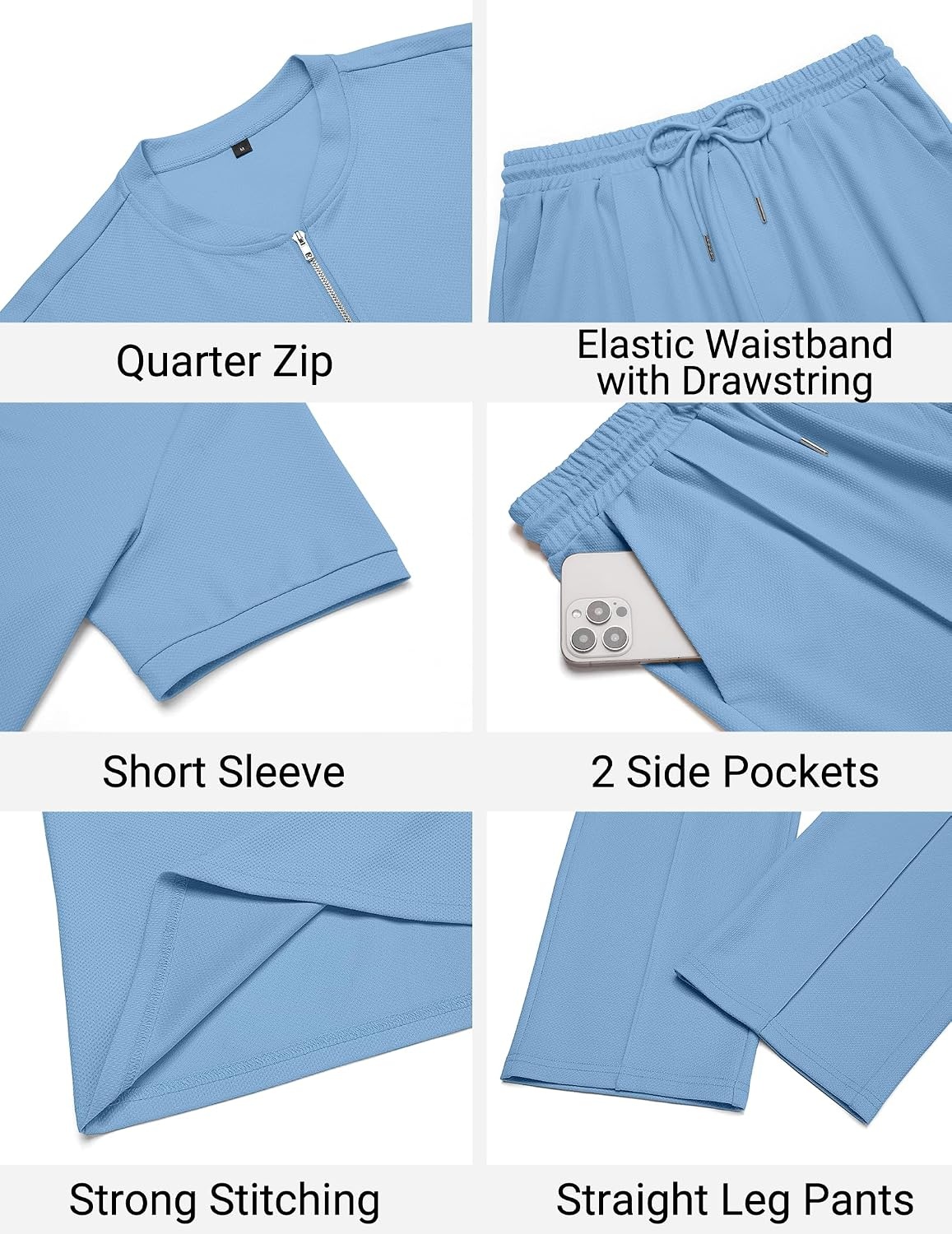 image:imageCOOFANDY Mens 2 Piece Outfit Quarter Zip Short Sleeve Top amp Pants Set Tracksuits Activewear Clothing Set Workout Top amp Bottom Sets 14 Zip Polo Shirt and Jogging Pants Leisure Suits for MenLight Blue