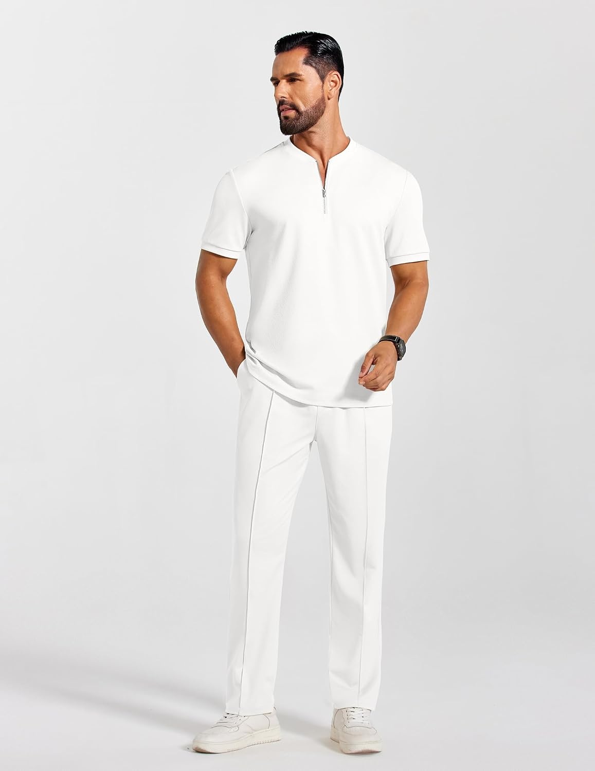 image:imageCOOFANDY Mens 2 Piece Outfit Quarter Zip Short Sleeve Top amp Pants Set Tracksuits Activewear Clothing Set Workout Top amp Bottom Sets 14 Zip Polo Shirt and Jogging Pants Leisure Suits for MenWhite