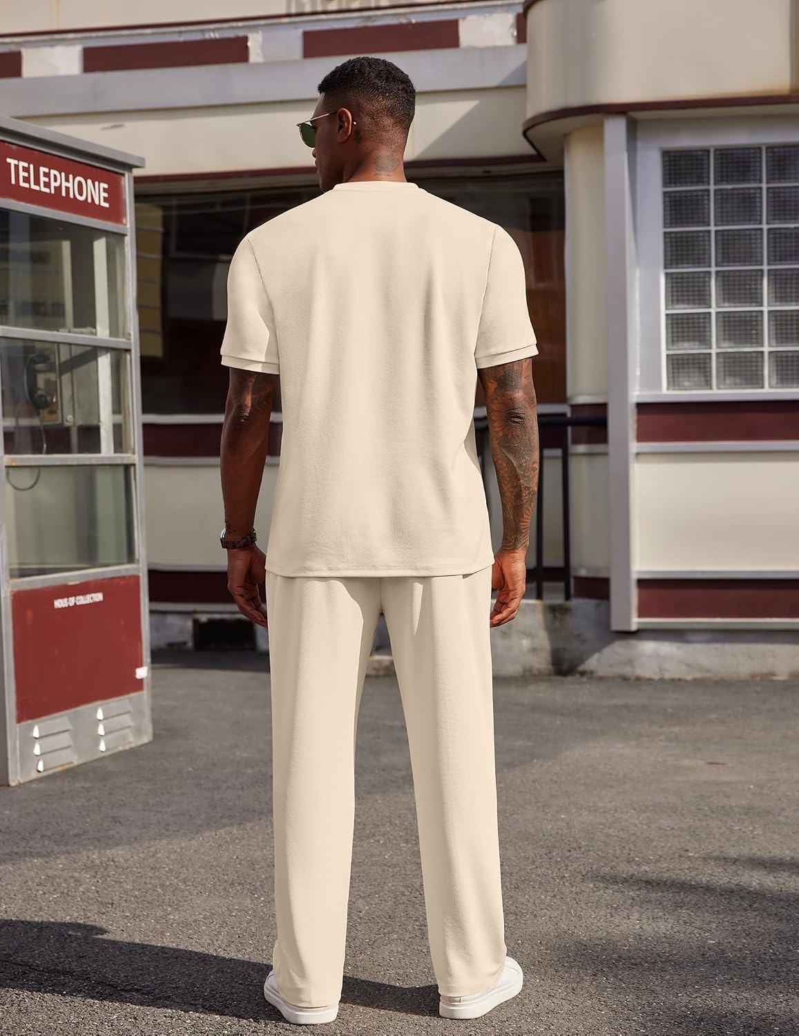 image:imageCOOFANDY Mens 2 Piece Outfit Quarter Zip Short Sleeve Top amp Pants Set Tracksuits Activewear Clothing Set Workout Top amp Bottom Sets 14 Zip Polo Shirt and Jogging Pants Leisure Suits for MenLight Khaki