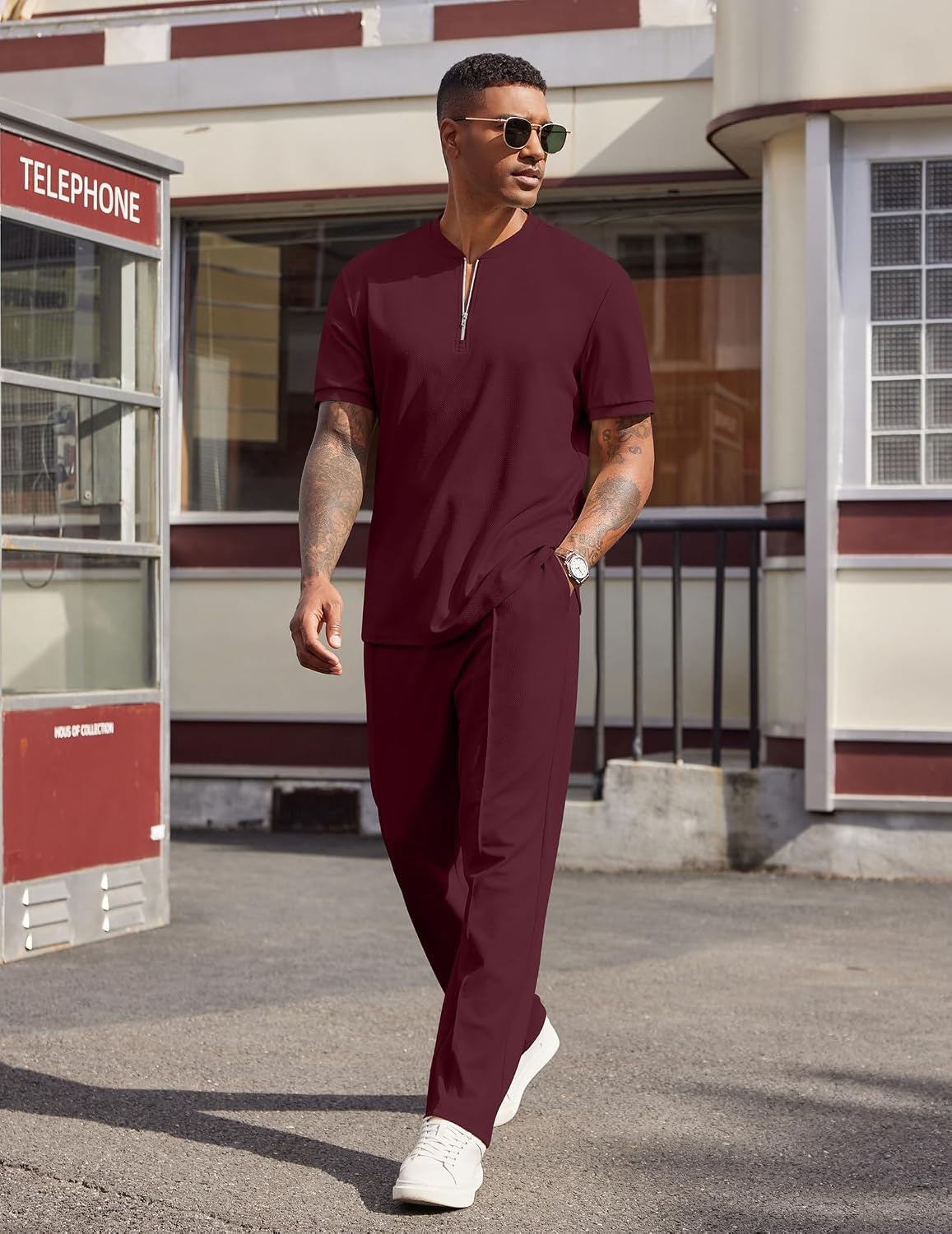 image:imageCOOFANDY Mens 2 Piece Outfit Quarter Zip Short Sleeve Top amp Pants Set Tracksuits Activewear Clothing Set Workout Top amp Bottom Sets 14 Zip Polo Shirt and Jogging Pants Leisure Suits for MenDark Red