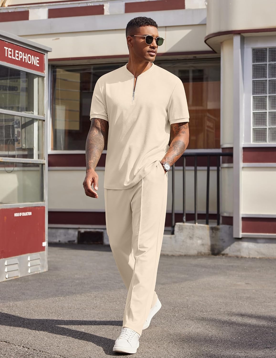 image:imageCOOFANDY Mens 2 Piece Outfit Quarter Zip Short Sleeve Top amp Pants Set Tracksuits Activewear Clothing Set Workout Top amp Bottom Sets 14 Zip Polo Shirt and Jogging Pants Leisure Suits for MenLight Khaki