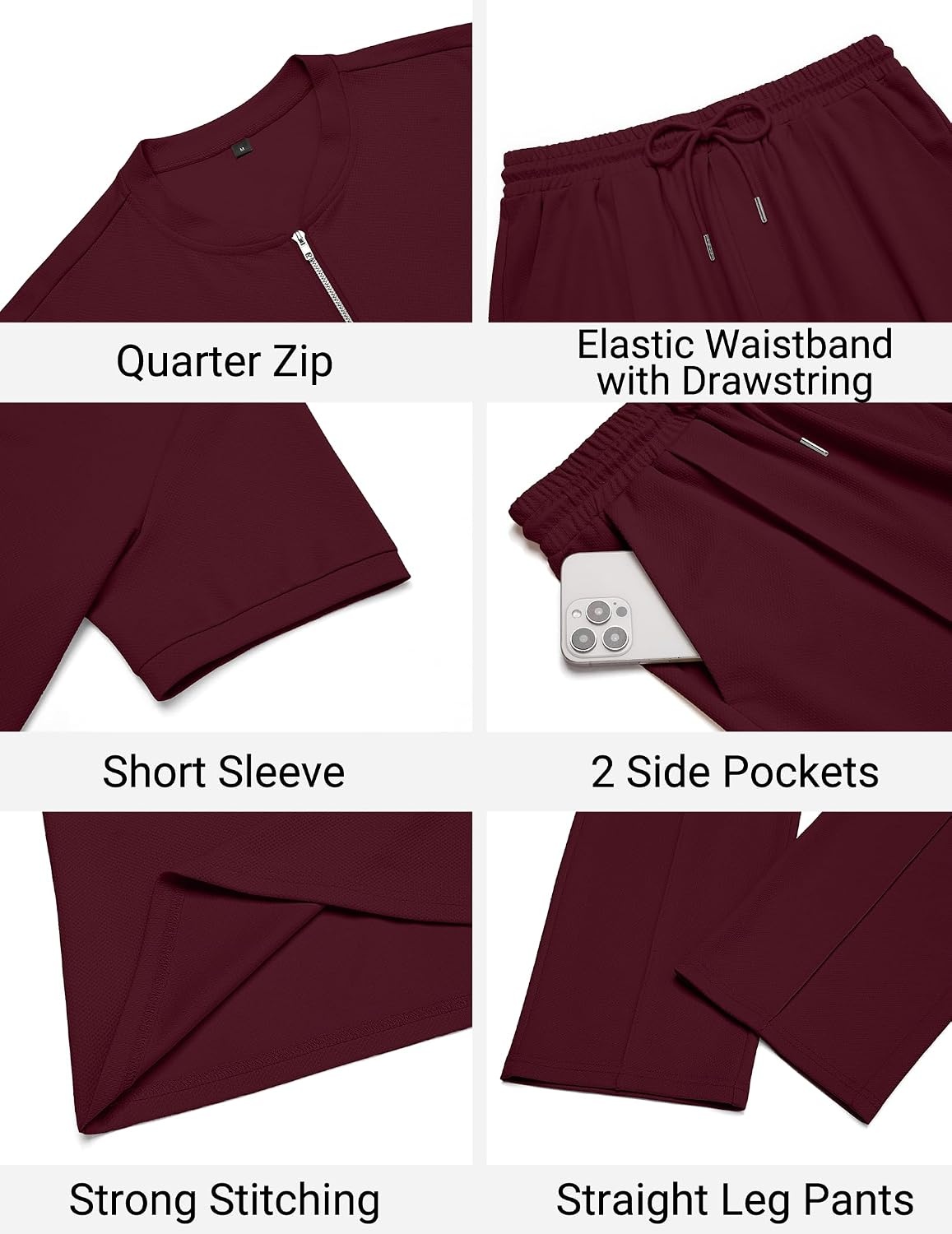image:imageCOOFANDY Mens 2 Piece Outfit Quarter Zip Short Sleeve Top amp Pants Set Tracksuits Activewear Clothing Set Workout Top amp Bottom Sets 14 Zip Polo Shirt and Jogging Pants Leisure Suits for MenDark Red