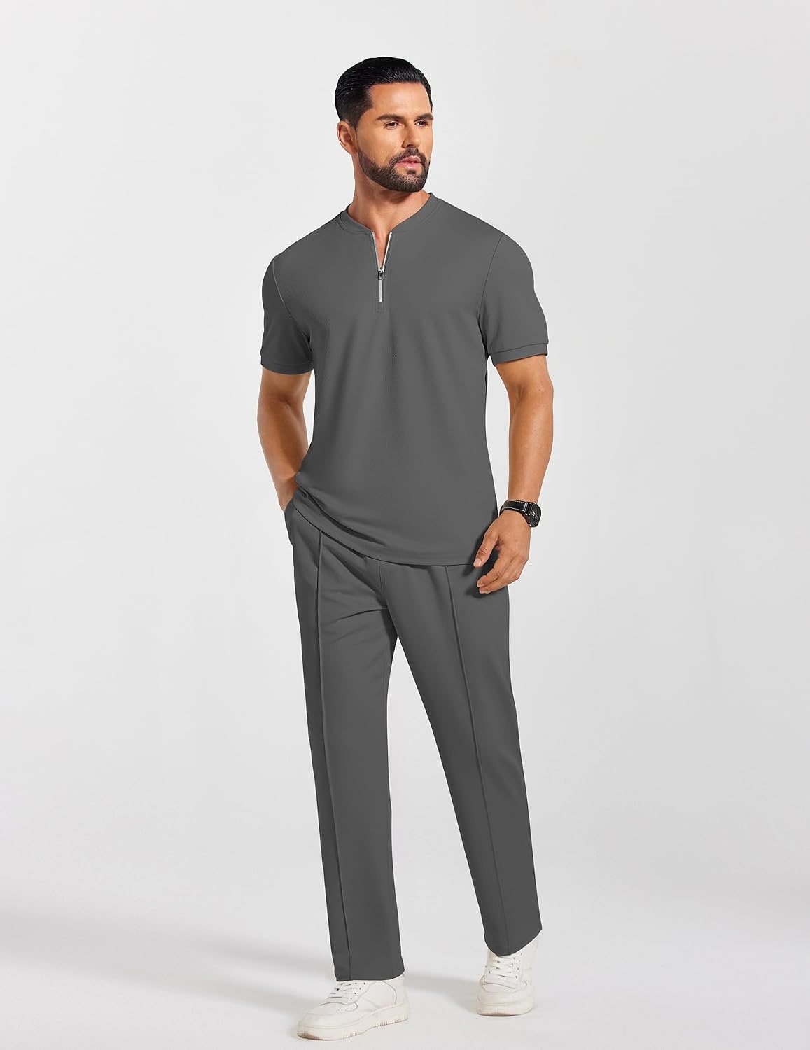 image:imageCOOFANDY Mens 2 Piece Outfit Quarter Zip Short Sleeve Top amp Pants Set Tracksuits Activewear Clothing Set Workout Top amp Bottom Sets 14 Zip Polo Shirt and Jogging Pants Leisure Suits for MenDark Grey