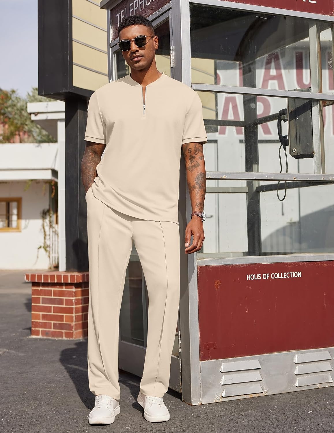 image:imageCOOFANDY Mens 2 Piece Outfit Quarter Zip Short Sleeve Top amp Pants Set Tracksuits Activewear Clothing Set Workout Top amp Bottom Sets 14 Zip Polo Shirt and Jogging Pants Leisure Suits for MenLight Khaki