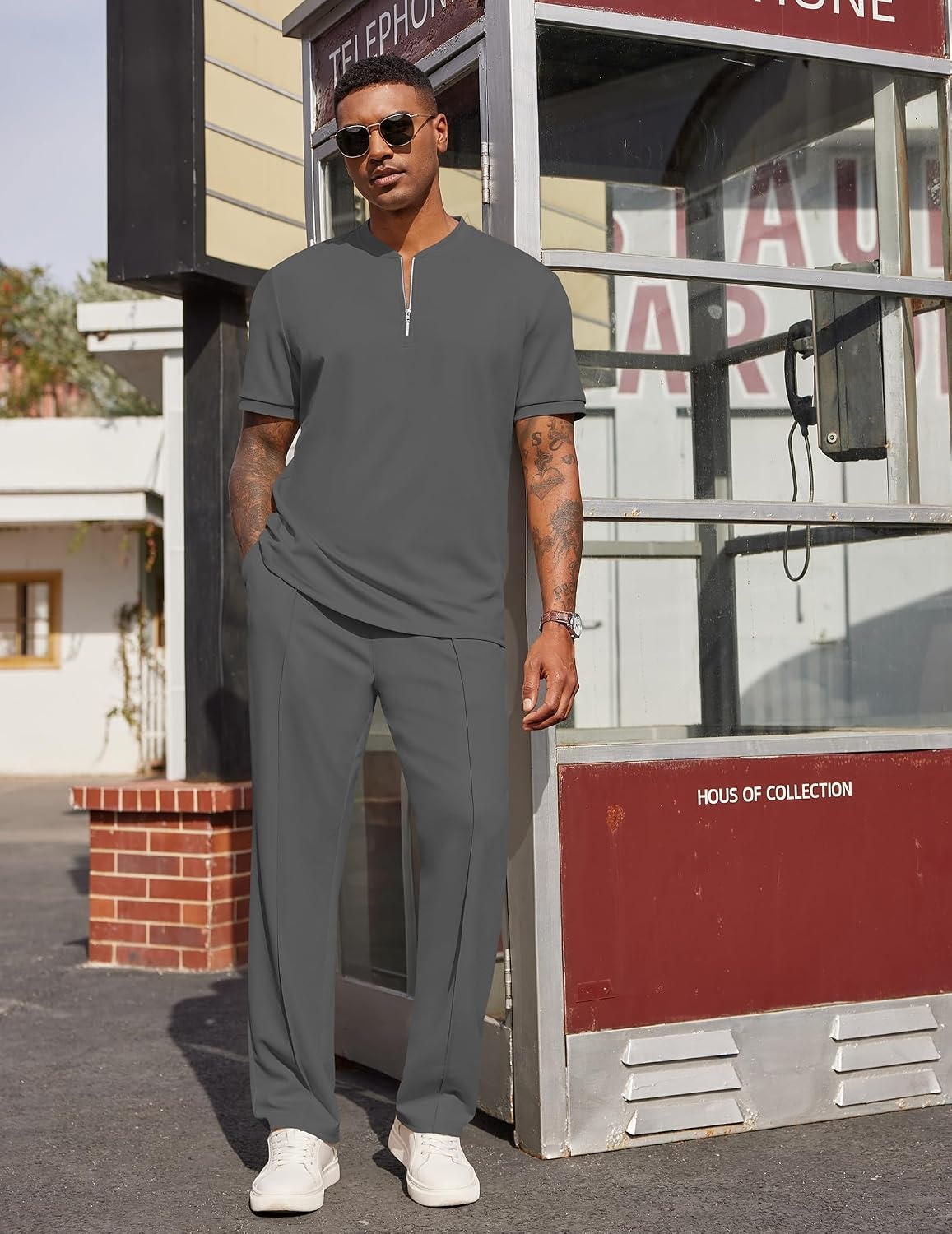 image:imageCOOFANDY Mens 2 Piece Outfit Quarter Zip Short Sleeve Top amp Pants Set Tracksuits Activewear Clothing Set Workout Top amp Bottom Sets 14 Zip Polo Shirt and Jogging Pants Leisure Suits for MenDark Grey