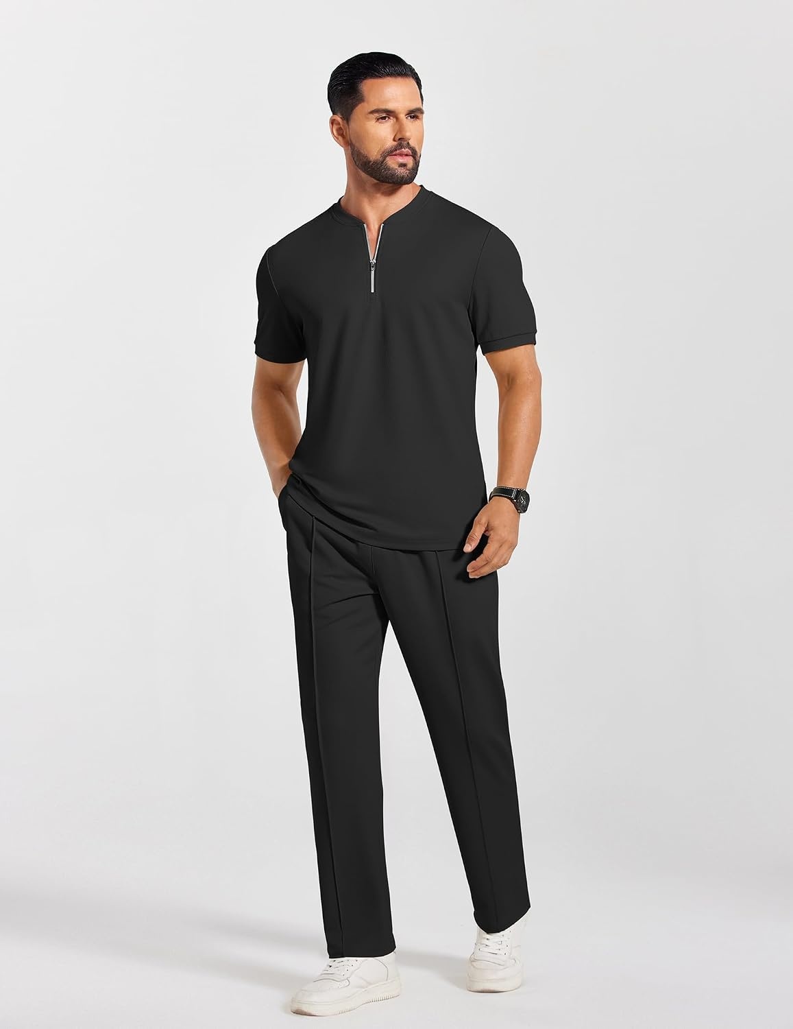 image:imageCOOFANDY Mens 2 Piece Outfit Quarter Zip Short Sleeve Top amp Pants Set Tracksuits Activewear Clothing Set Workout Top amp Bottom Sets 14 Zip Polo Shirt and Jogging Pants Leisure Suits for MenBlack