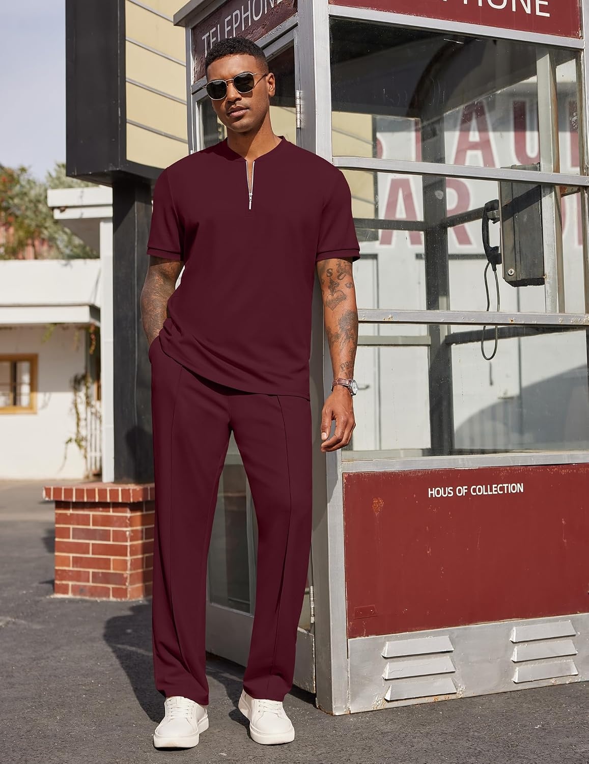 image:imageCOOFANDY Mens 2 Piece Outfit Quarter Zip Short Sleeve Top amp Pants Set Tracksuits Activewear Clothing Set Workout Top amp Bottom Sets 14 Zip Polo Shirt and Jogging Pants Leisure Suits for MenDark Red