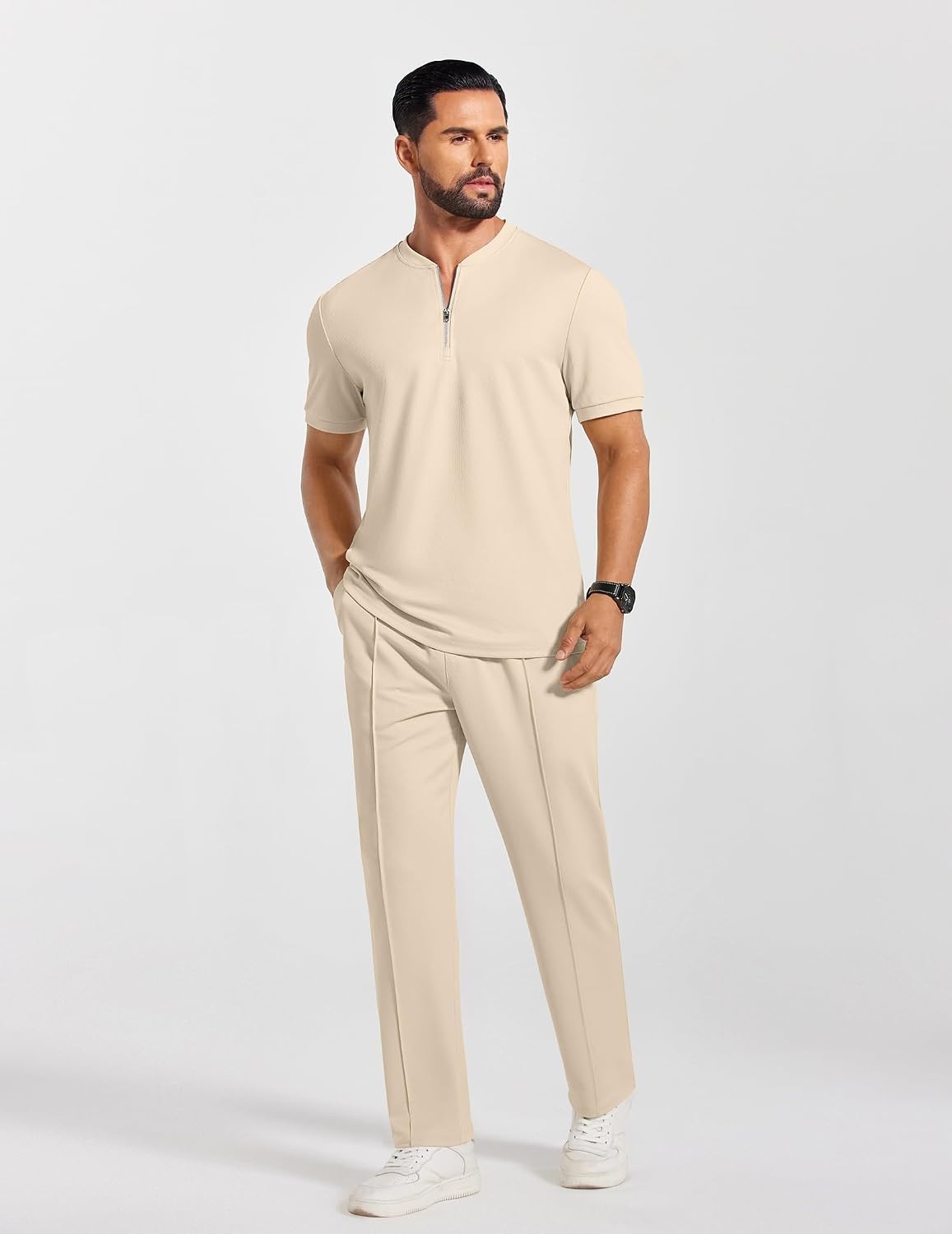 image:imageCOOFANDY Mens 2 Piece Outfit Quarter Zip Short Sleeve Top amp Pants Set Tracksuits Activewear Clothing Set Workout Top amp Bottom Sets 14 Zip Polo Shirt and Jogging Pants Leisure Suits for MenLight Khaki