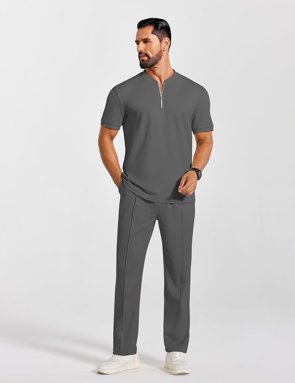 image:imageCOOFANDY Mens 2 Piece Outfit Quarter Zip Short Sleeve Top amp Pants Set Tracksuits Activewear Clothing Set Workout Top amp Bottom Sets 14 Zip Polo Shirt and Jogging Pants Leisure Suits for MenDark Grey