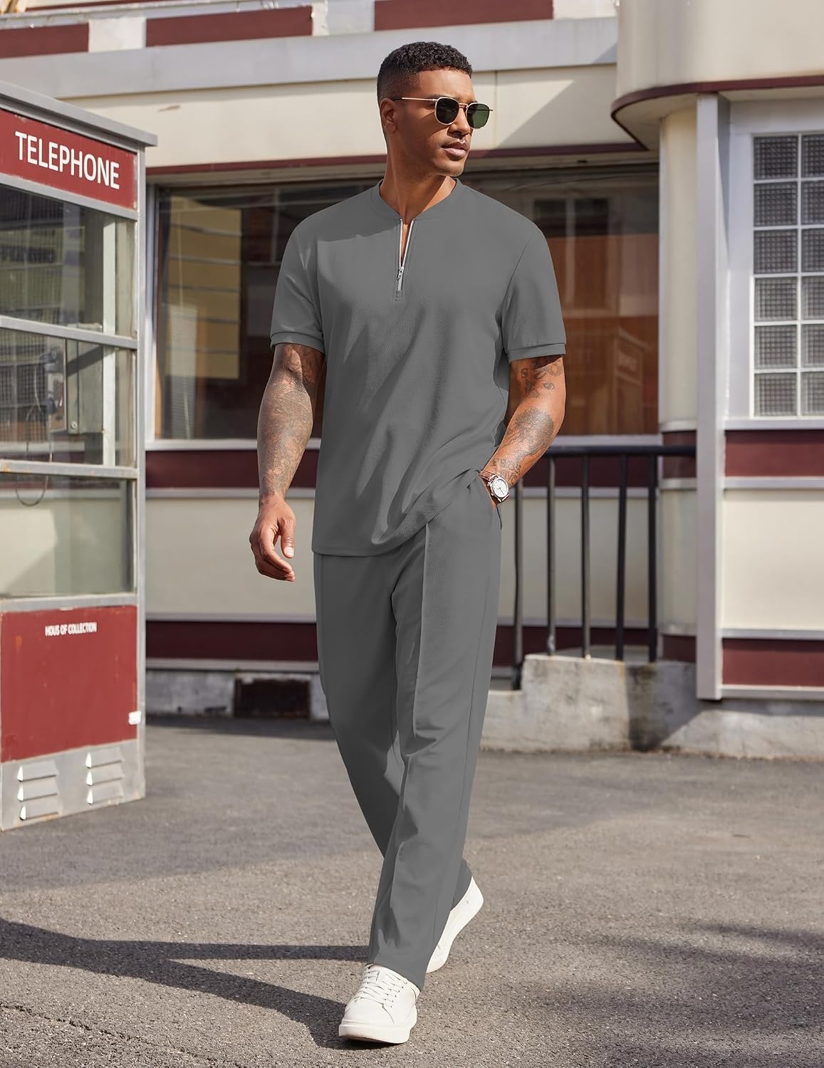image:imageCOOFANDY Mens 2 Piece Outfit Quarter Zip Short Sleeve Top amp Pants Set Tracksuits Activewear Clothing Set Workout Top amp Bottom Sets 14 Zip Polo Shirt and Jogging Pants Leisure Suits for MenDark Grey