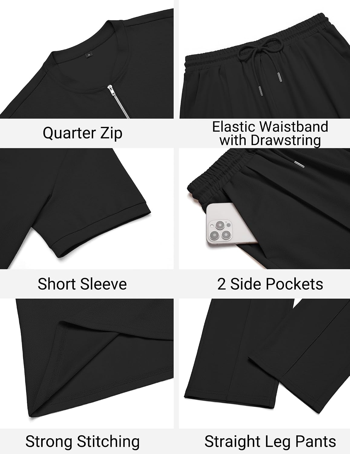 image:imageCOOFANDY Mens 2 Piece Outfit Quarter Zip Short Sleeve Top amp Pants Set Tracksuits Activewear Clothing Set Workout Top amp Bottom Sets 14 Zip Polo Shirt and Jogging Pants Leisure Suits for MenBlack