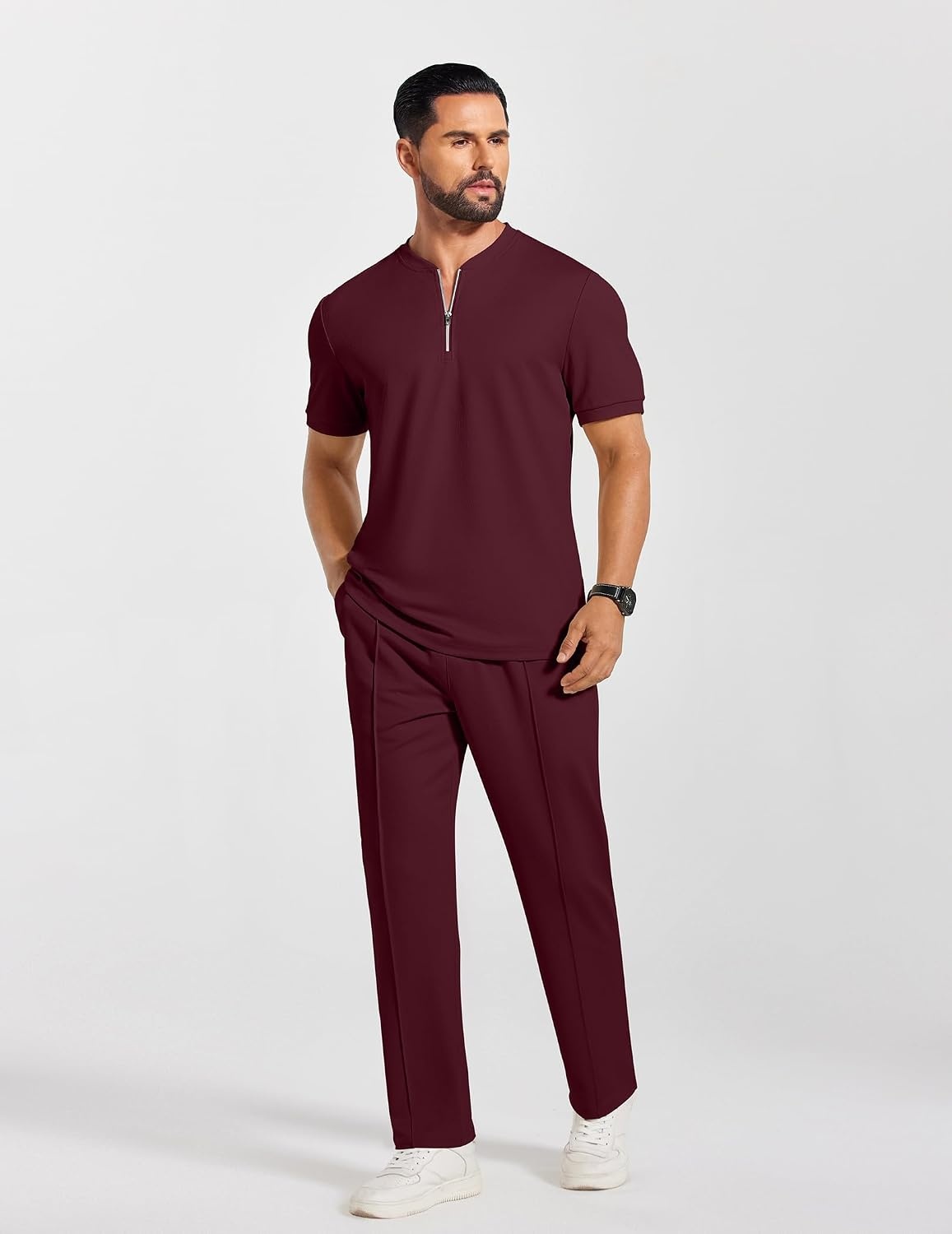 image:imageCOOFANDY Mens 2 Piece Outfit Quarter Zip Short Sleeve Top amp Pants Set Tracksuits Activewear Clothing Set Workout Top amp Bottom Sets 14 Zip Polo Shirt and Jogging Pants Leisure Suits for MenDark Red