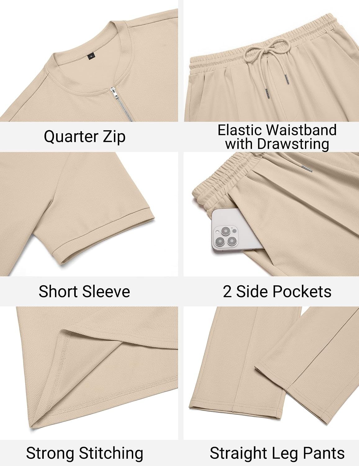 image:imageCOOFANDY Mens 2 Piece Outfit Quarter Zip Short Sleeve Top amp Pants Set Tracksuits Activewear Clothing Set Workout Top amp Bottom Sets 14 Zip Polo Shirt and Jogging Pants Leisure Suits for MenLight Khaki