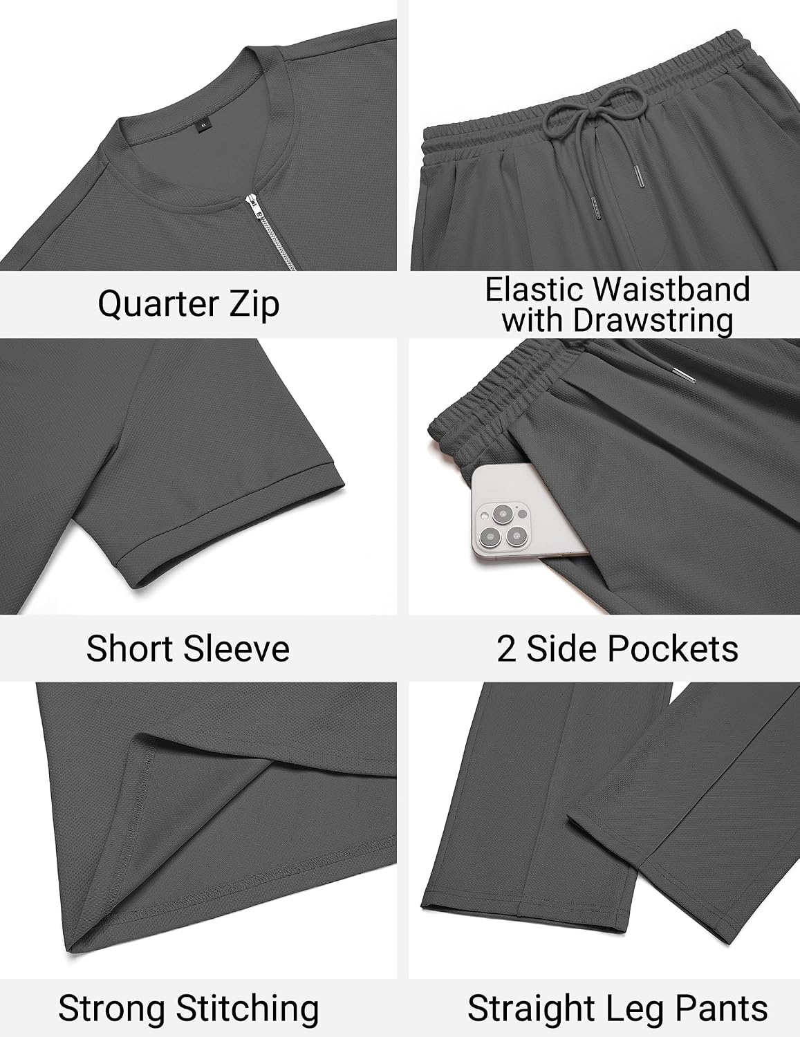 image:imageCOOFANDY Mens 2 Piece Outfit Quarter Zip Short Sleeve Top amp Pants Set Tracksuits Activewear Clothing Set Workout Top amp Bottom Sets 14 Zip Polo Shirt and Jogging Pants Leisure Suits for MenDark Grey
