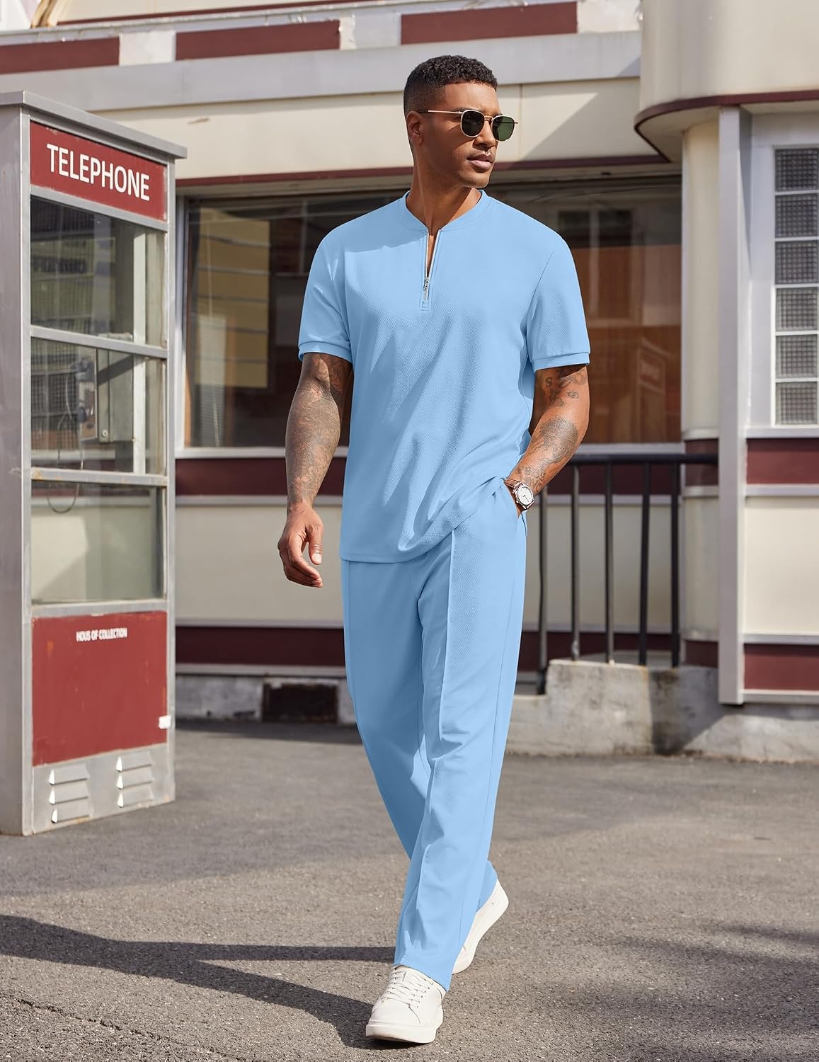 image:imageCOOFANDY Mens 2 Piece Outfit Quarter Zip Short Sleeve Top amp Pants Set Tracksuits Activewear Clothing Set Workout Top amp Bottom Sets 14 Zip Polo Shirt and Jogging Pants Leisure Suits for MenLight Blue