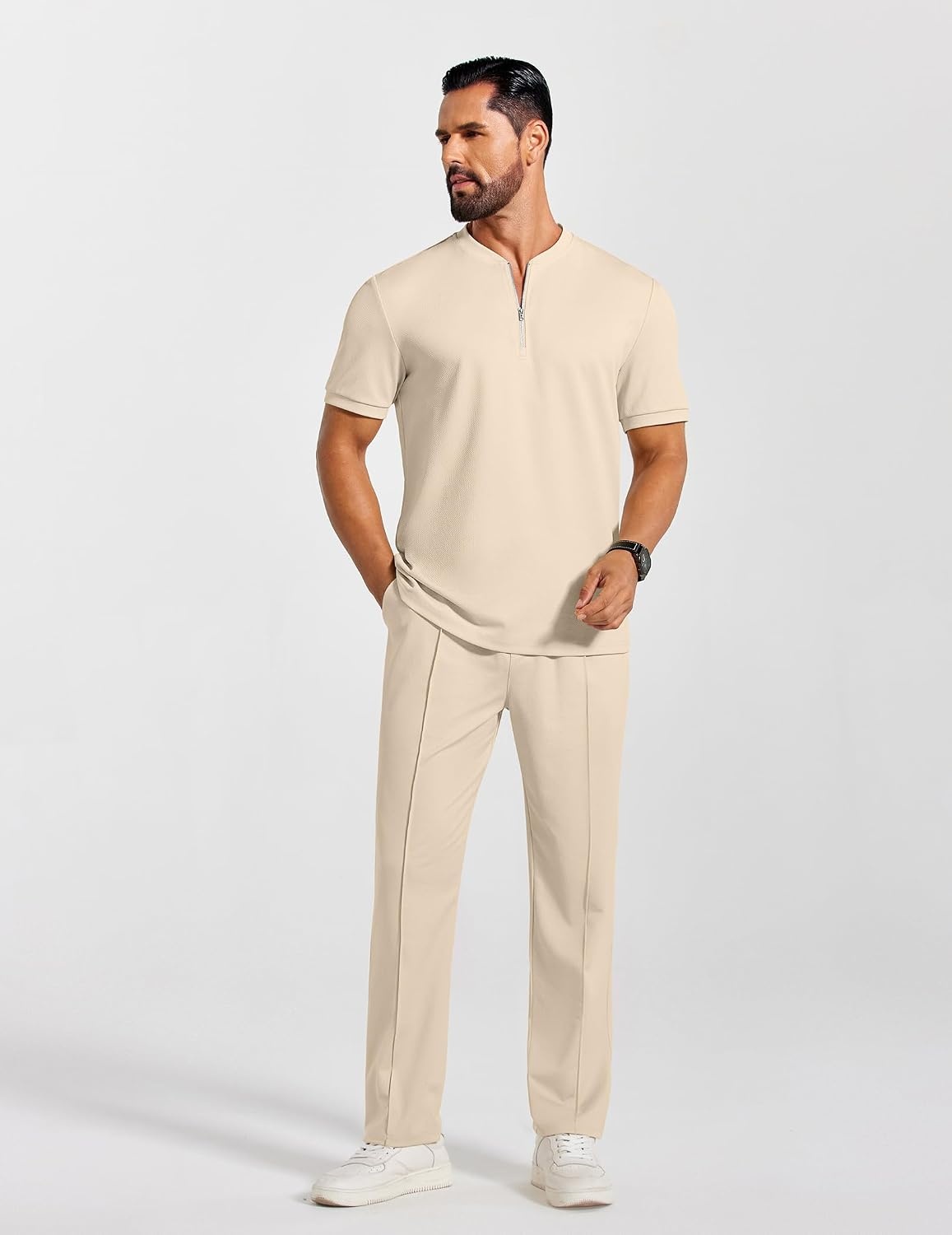 image:imageCOOFANDY Mens 2 Piece Outfit Quarter Zip Short Sleeve Top amp Pants Set Tracksuits Activewear Clothing Set Workout Top amp Bottom Sets 14 Zip Polo Shirt and Jogging Pants Leisure Suits for MenLight Khaki