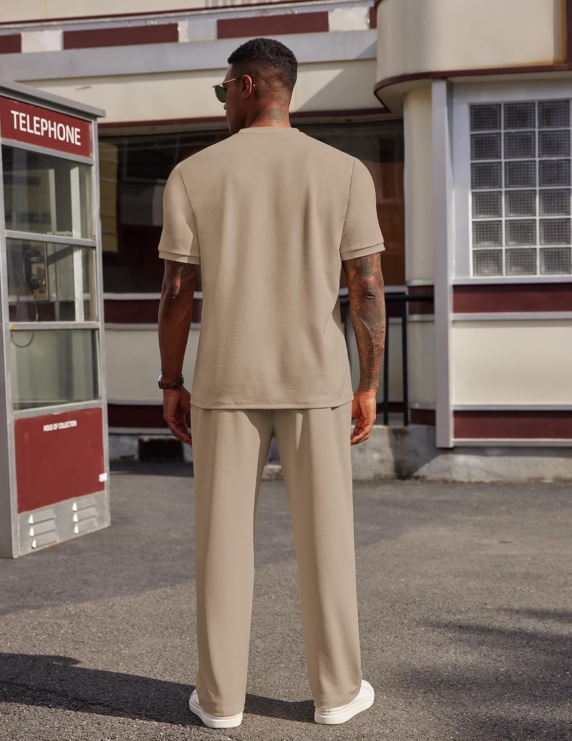 image:imageCOOFANDY Mens 2 Piece Outfit Quarter Zip Short Sleeve Top amp Pants Set Tracksuits Activewear Clothing Set Workout Top amp Bottom Sets 14 Zip Polo Shirt and Jogging Pants Leisure Suits for MenKhaki