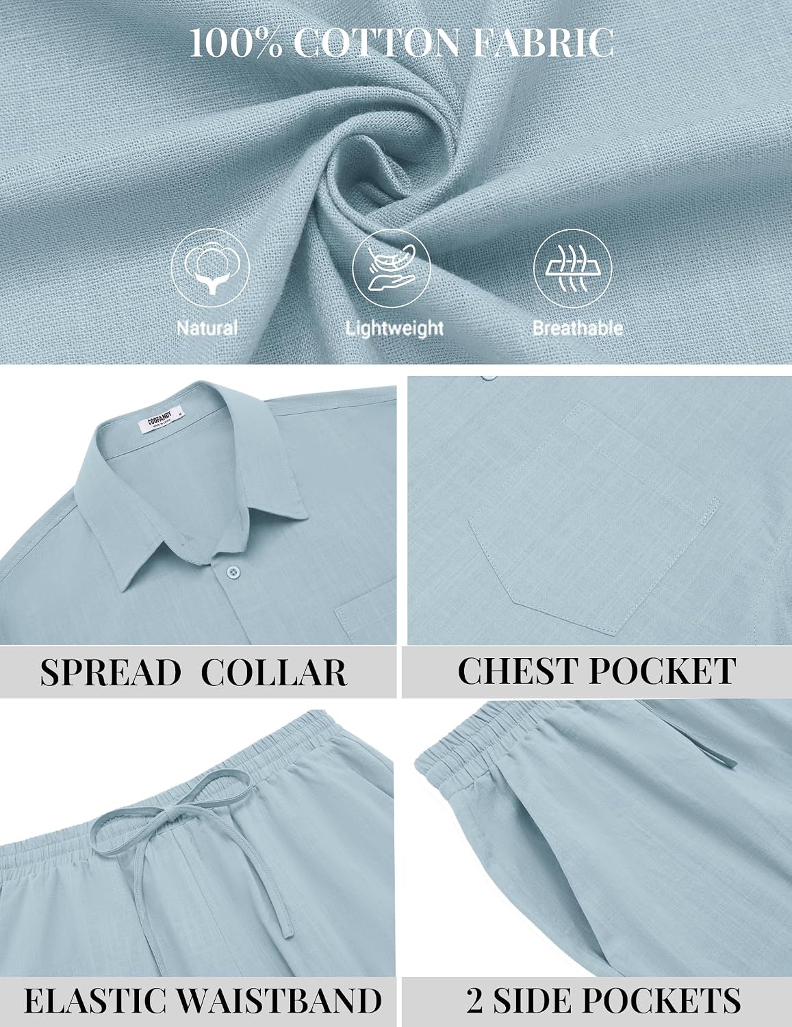 image:imageCOOFANDY Mens 2 Piece Outfit Summer Shorts Sets Short Sleeve Cotton Shirts 100 CottonShirt And Shorts SetsChest PocketElastic DrawstringMachine WashableBeachVacationCruiseTravelWeddingPartyLight Blue