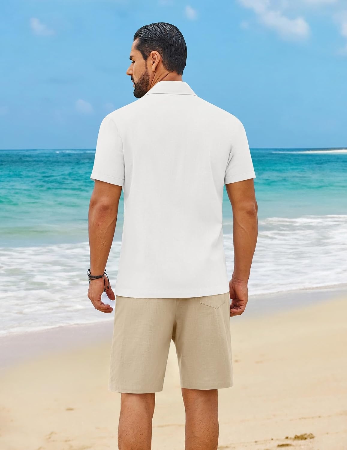 image:imageCOOFANDY Mens 2 Piece Outfit Summer Shorts Sets Short Sleeve Cotton Shirts 100 CottonShirt And Shorts SetsChest PocketElastic DrawstringMachine WashableBeachVacationCruiseTravelWeddingPartyWhiteLight Khaki