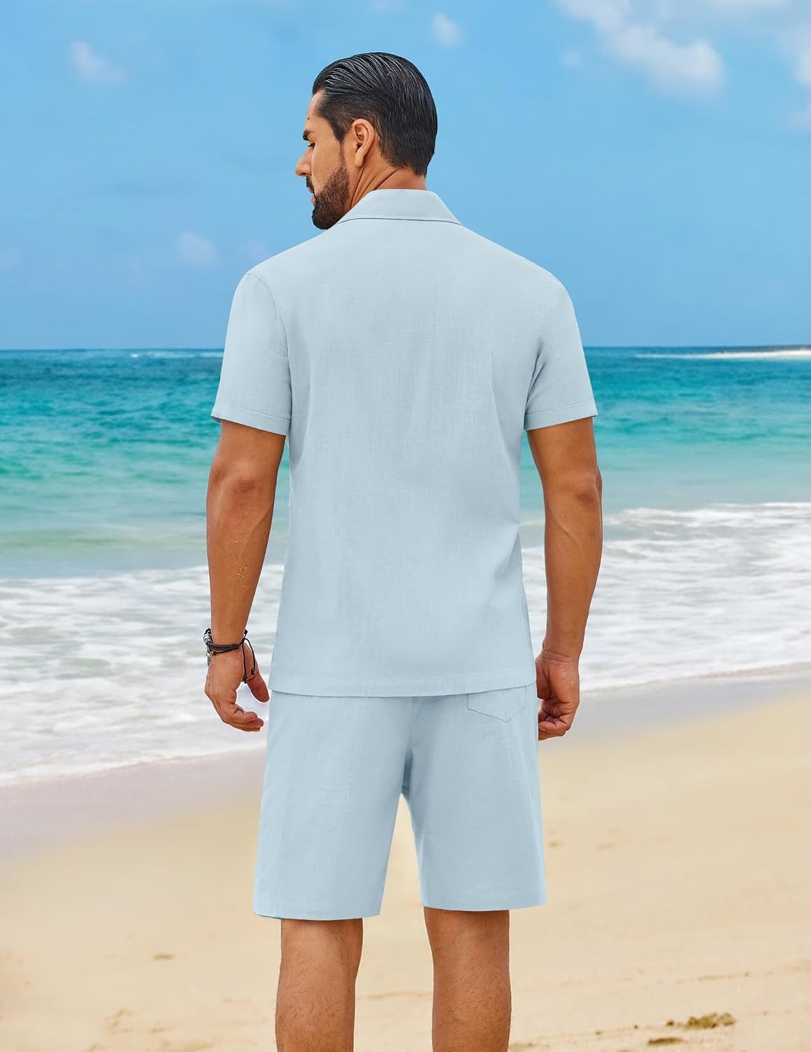 image:imageCOOFANDY Mens 2 Piece Outfit Summer Shorts Sets Short Sleeve Cotton Shirts 100 CottonShirt And Shorts SetsChest PocketElastic DrawstringMachine WashableBeachVacationCruiseTravelWeddingPartyLight Blue