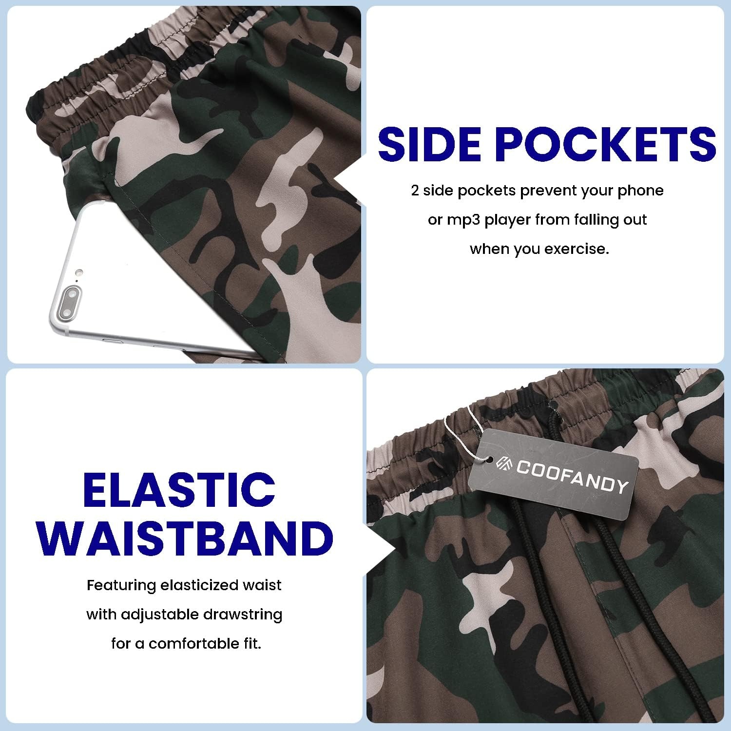 image:imageCOOFANDY Mens Athletic Shorts 7 Quick Dry Stretch Gym Workout Shorts Classic 7 Inch Inseam Functional Side Pockets and Back Zipper Pocket Moisture Wicking Active Fitness Training SportswearCamo BlackCamo Army Grey
