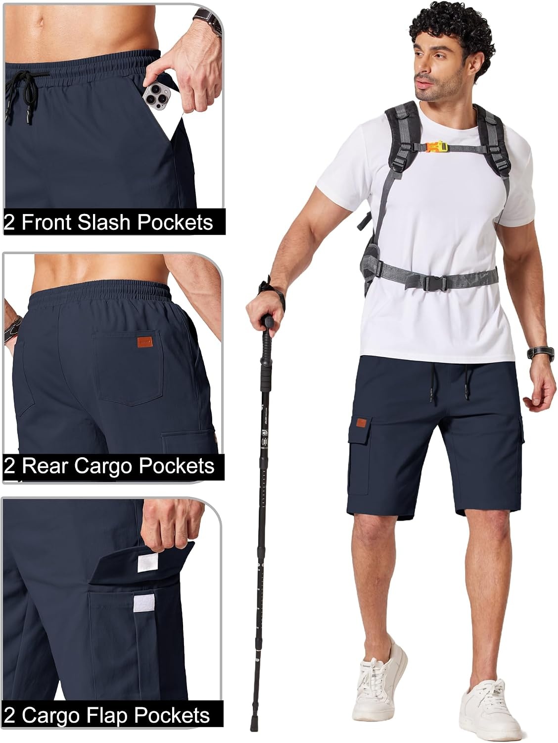 image:imageCOOFANDY Mens Casual Cargo Shorts 10 Cotton Chino Shorts with 6 Pockets Drawstring Elastic Waist Knee Length Loose Fit Summer Twill Fabric Work Shorts for Hiking Walking Outdoor StreetwearNavy Blue