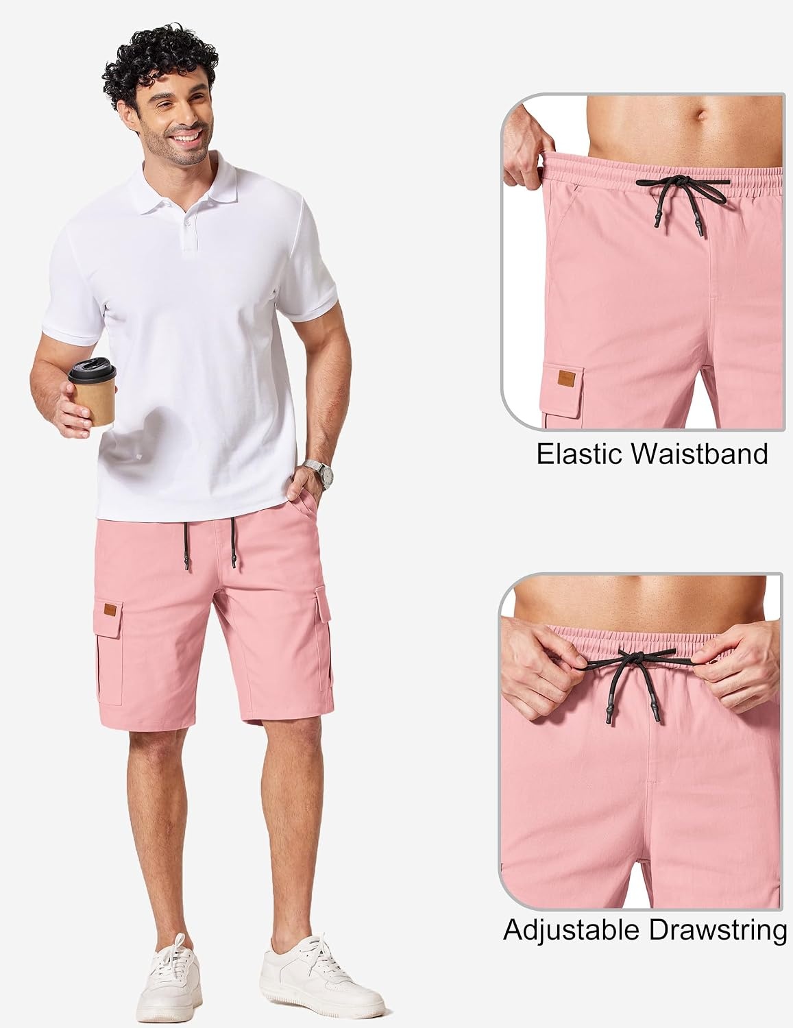 image:imageCOOFANDY Mens Casual Cargo Shorts 10 Cotton Chino Shorts with 6 Pockets Drawstring Elastic Waist Knee Length Loose Fit Summer Twill Fabric Work Shorts for Hiking Walking Outdoor StreetwearPink