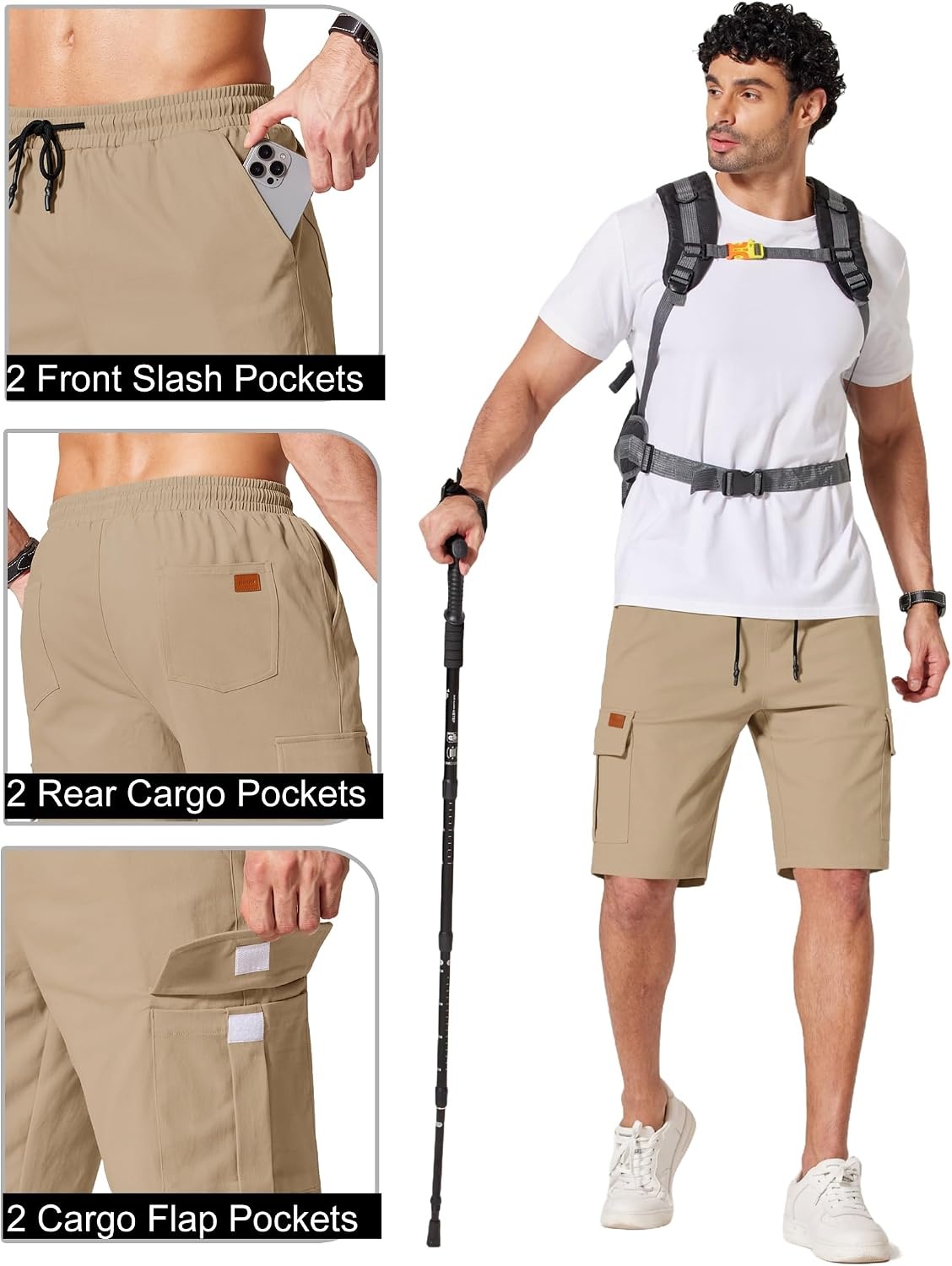 image:imageCOOFANDY Mens Casual Cargo Shorts 10 Cotton Chino Shorts with 6 Pockets Drawstring Elastic Waist Knee Length Loose Fit Summer Twill Fabric Work Shorts for Hiking Walking Outdoor StreetwearKhaki