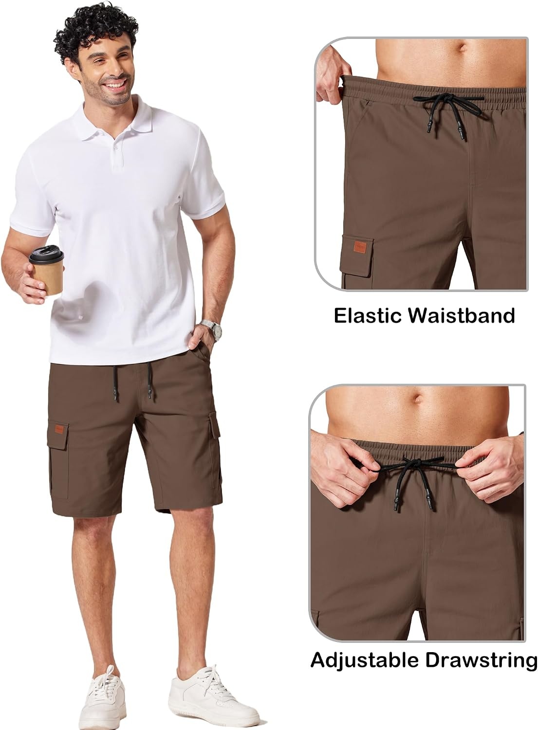 image:imageCOOFANDY Mens Casual Cargo Shorts 10 Cotton Chino Shorts with 6 Pockets Drawstring Elastic Waist Knee Length Loose Fit Summer Twill Fabric Work Shorts for Hiking Walking Outdoor StreetwearBrown