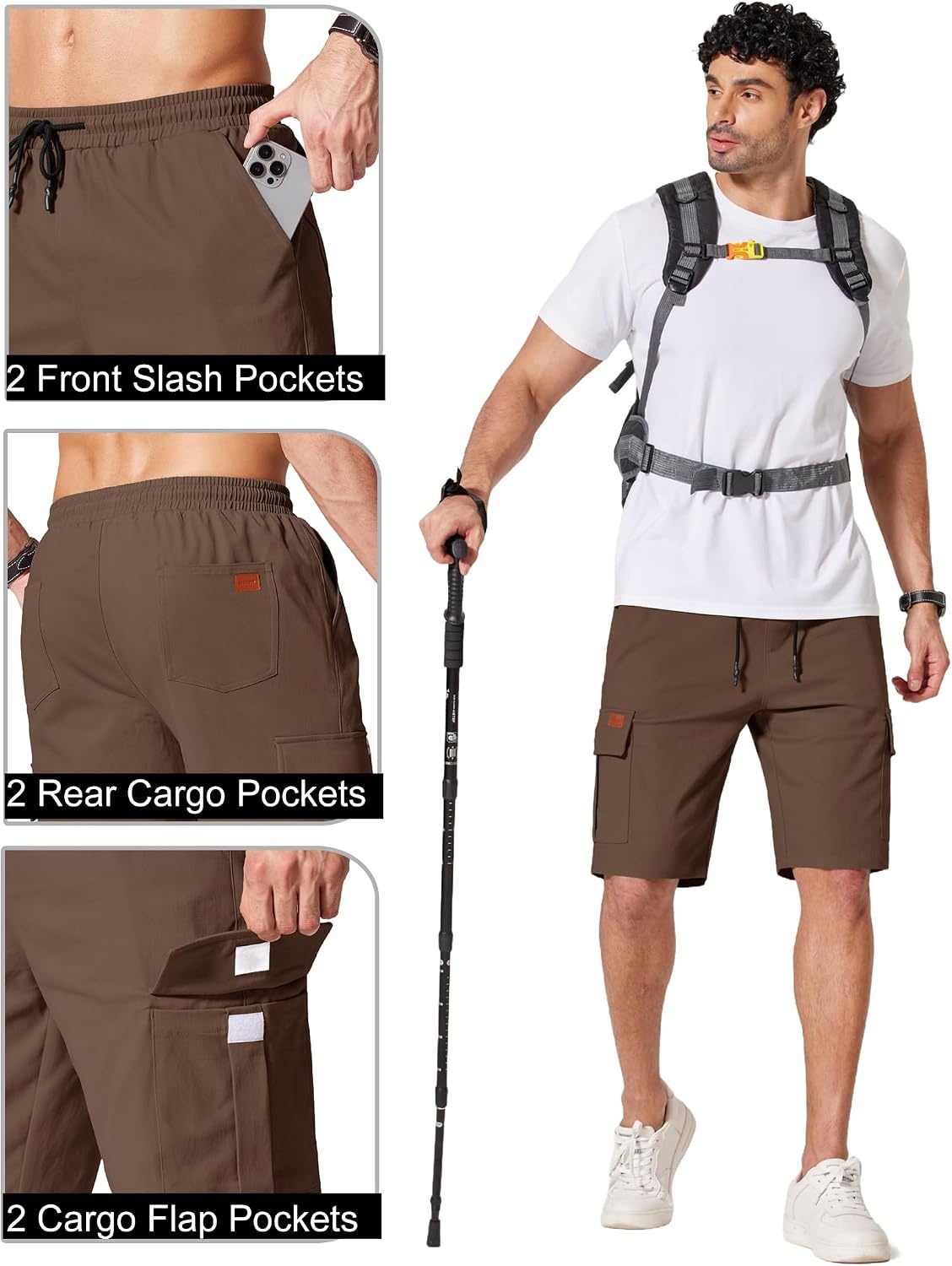 image:imageCOOFANDY Mens Casual Cargo Shorts 10 Cotton Chino Shorts with 6 Pockets Drawstring Elastic Waist Knee Length Loose Fit Summer Twill Fabric Work Shorts for Hiking Walking Outdoor StreetwearBrown