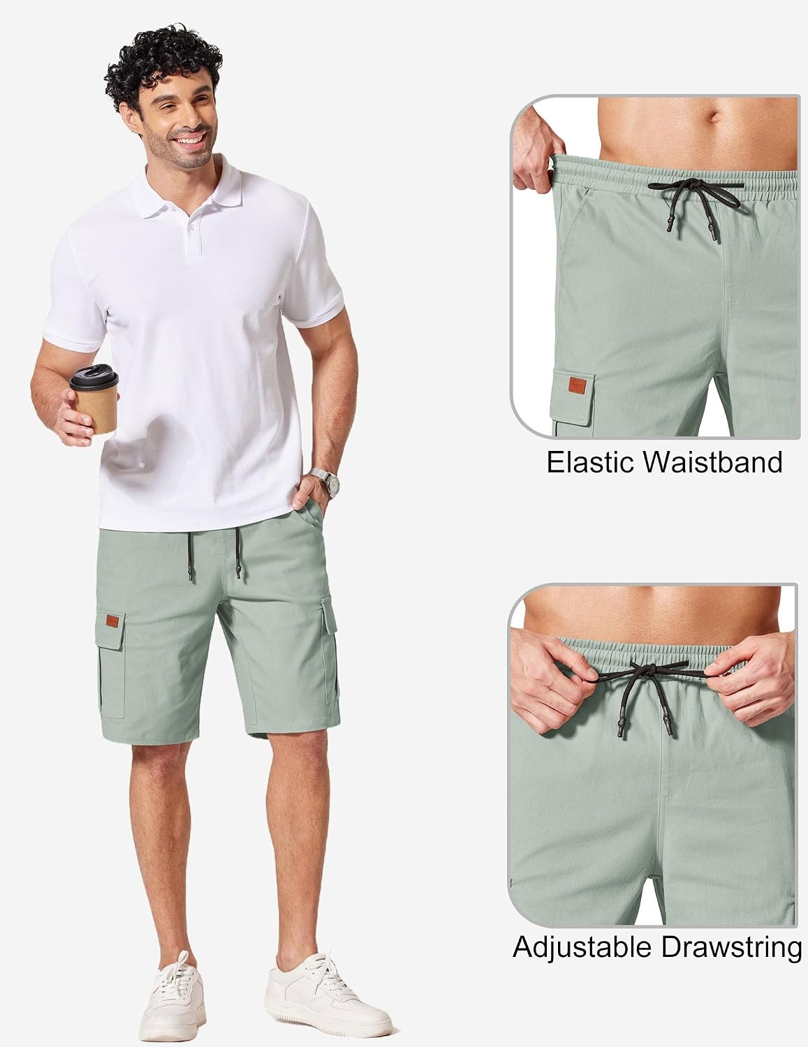 image:imageCOOFANDY Mens Casual Cargo Shorts 10 Cotton Chino Shorts with 6 Pockets Drawstring Elastic Waist Knee Length Loose Fit Summer Twill Fabric Work Shorts for Hiking Walking Outdoor StreetwearLight Green